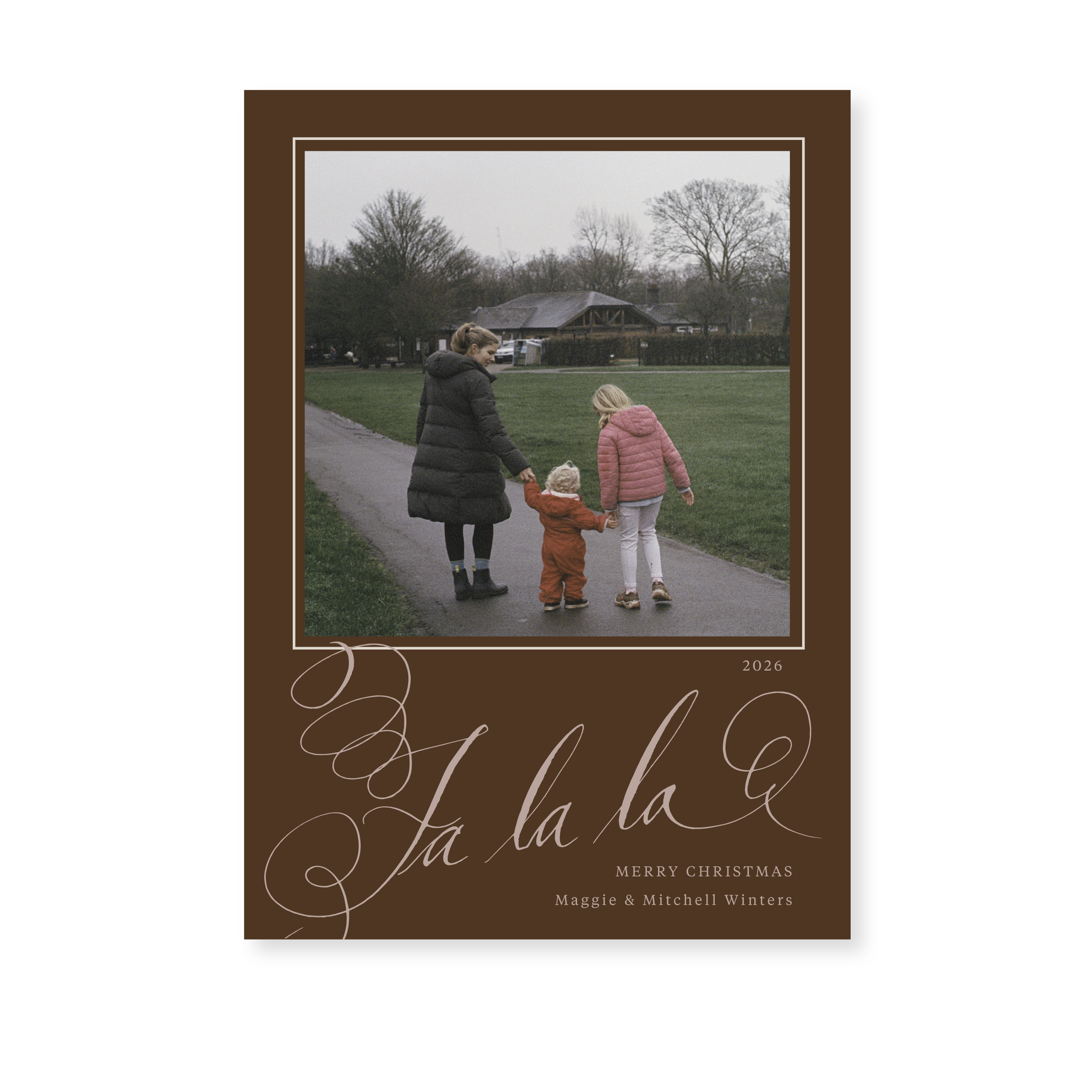 Farnley Classic Flat Print photo mount holiday card featuring original pen-and-ink "Fa La La" calligraphy by Stovall Collection.
