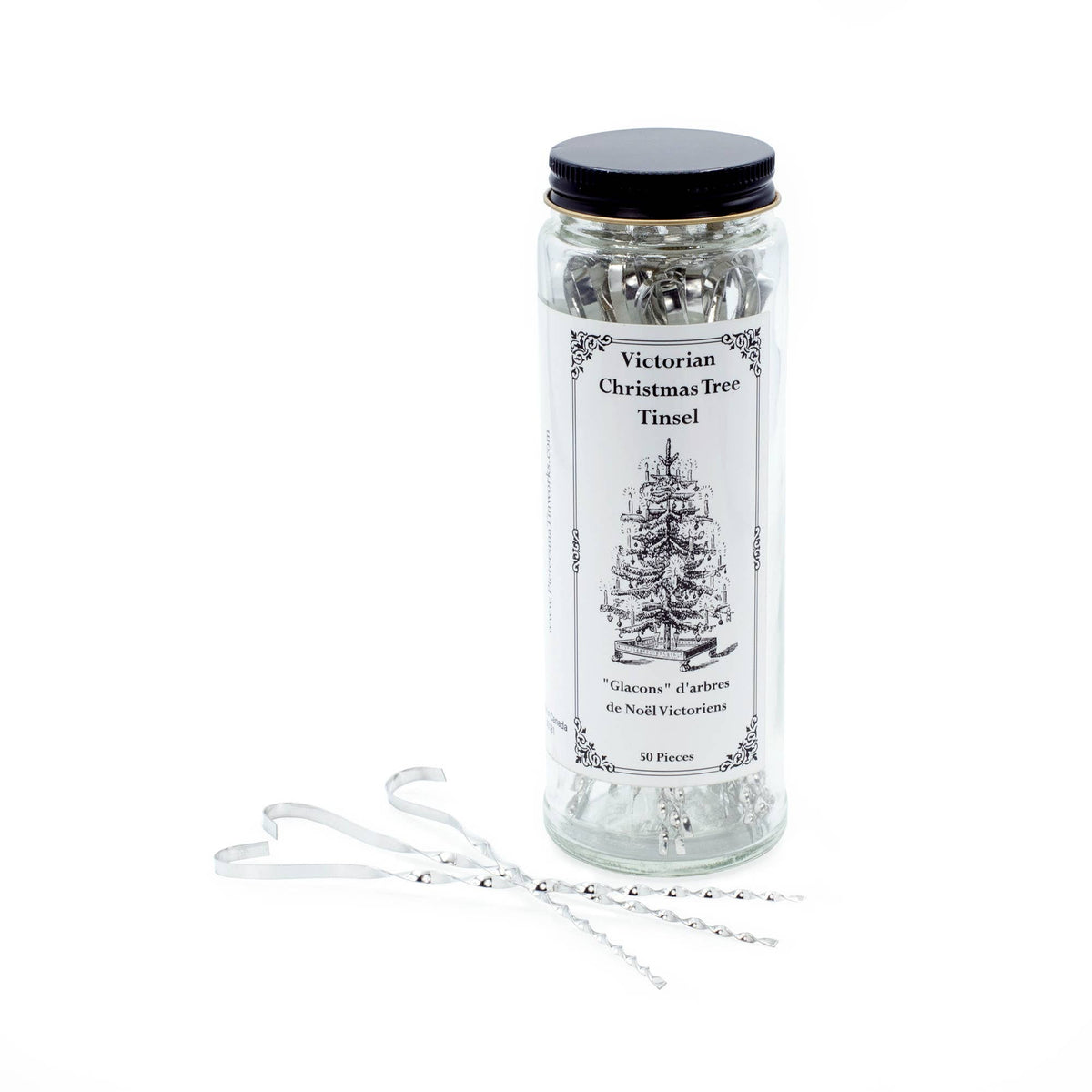 Victorian Christmas Tree Tinsel with 50 silver tin icicle ornaments in glass storage bottle