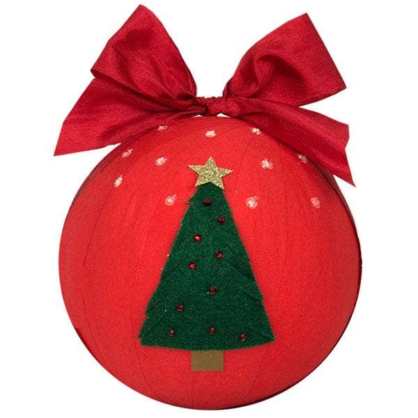 Giant Holiday Surprise Ball wrapped in red crepe paper with Christmas tree and velvet bow