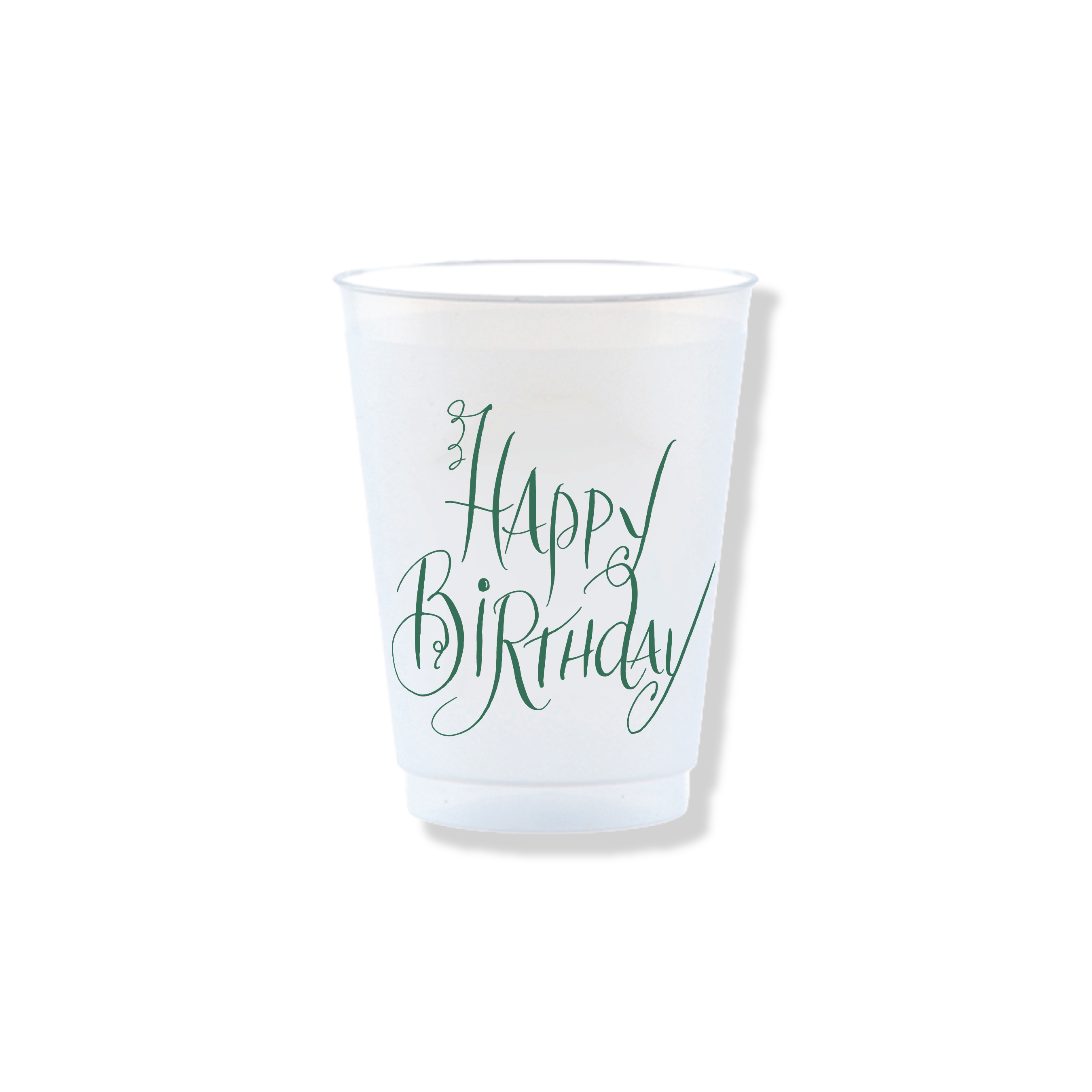 Mara Happy Birthday reusable party cup with forest green calligraphy, 16oz shatterproof plastic birthday cup”
