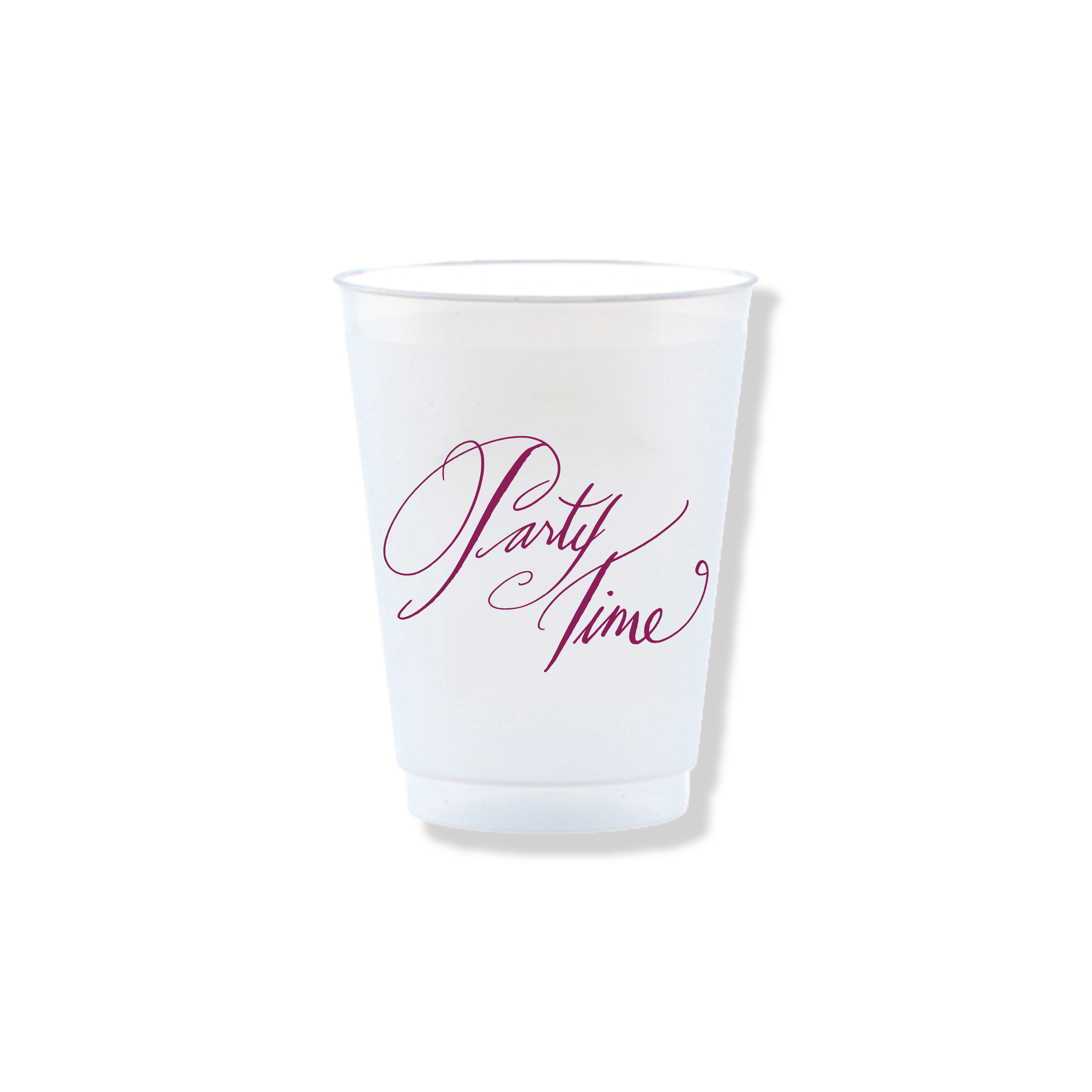 Party Time reusable party cup with raspberry calligraphy, 16oz shatterproof plastic cocktail cup