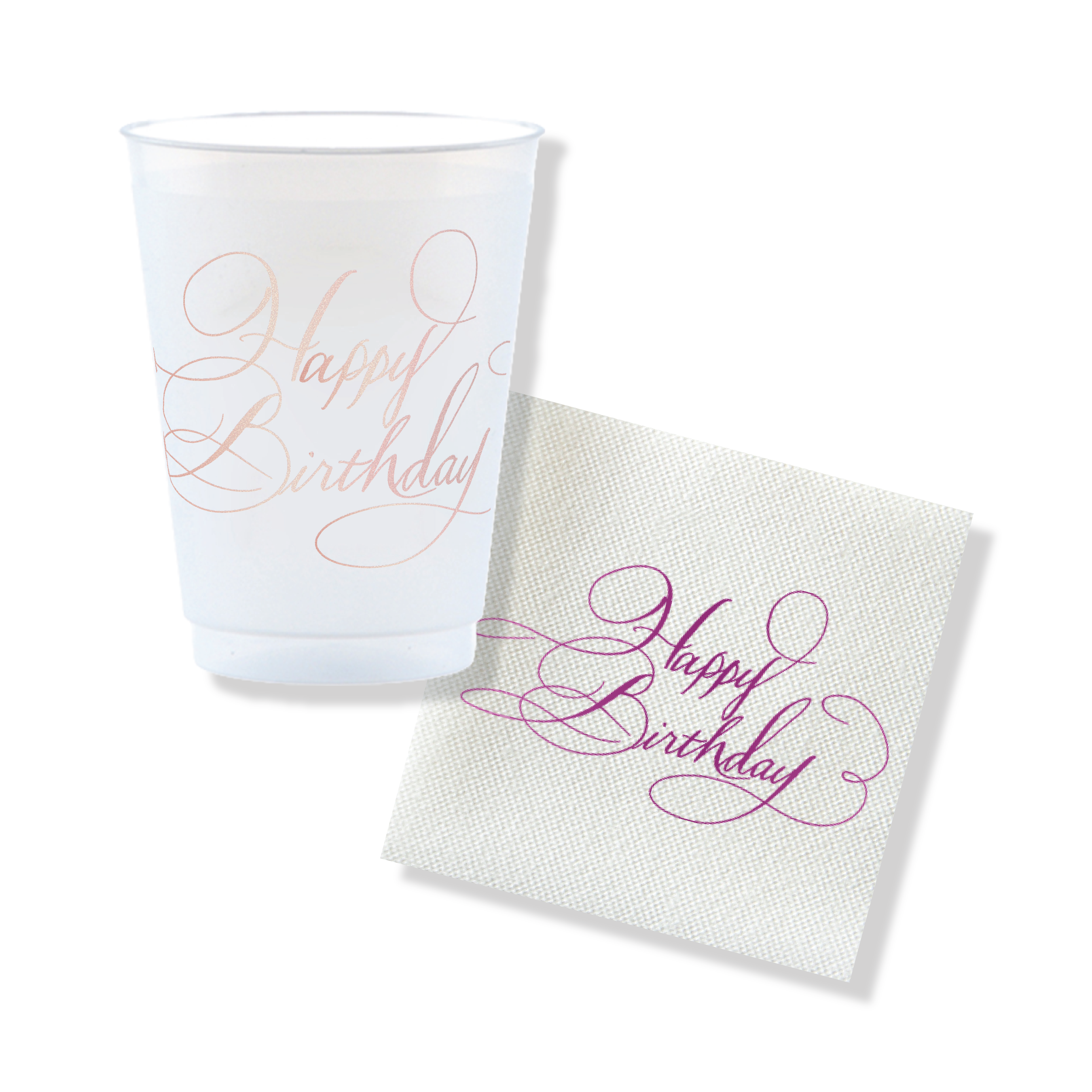 Inés Happy Birthday petite cocktail napkins with berry pink calligraphy paired with reusable birthday party cup