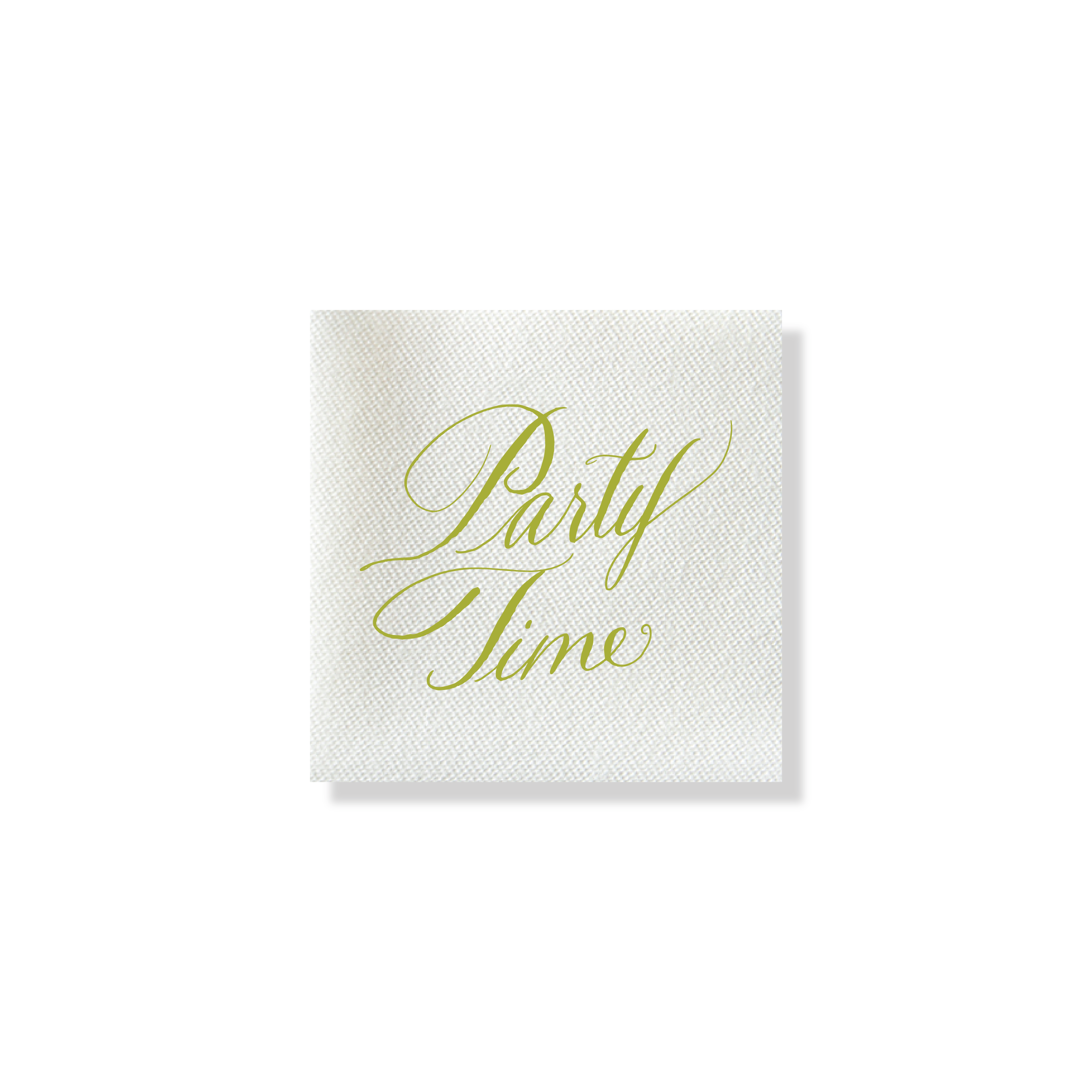 Party Time petite cocktail napkin with lime green calligraphy on white linen-like paper
