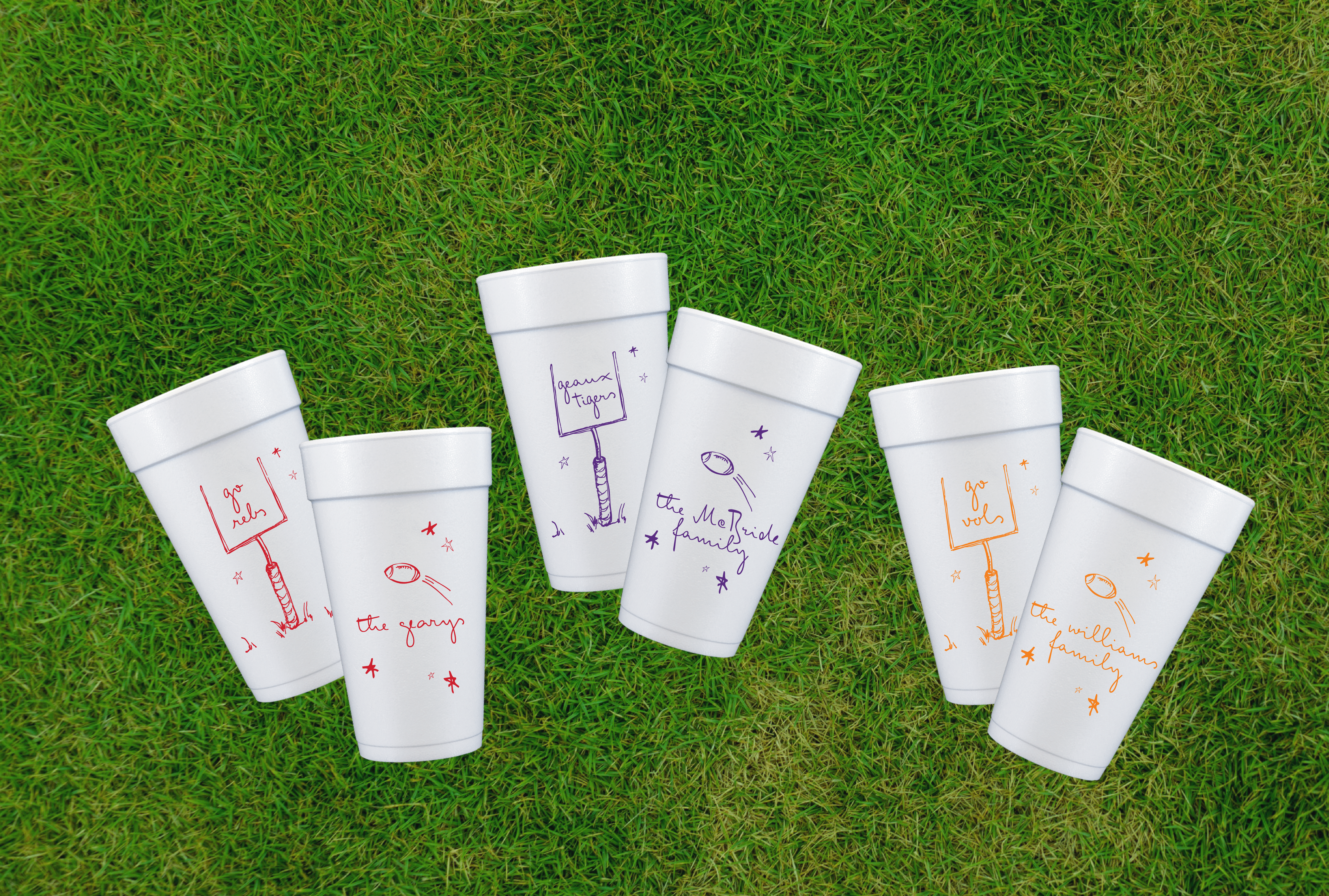 Shop personalized game day cups for football tailgates and watch parties. Customize with your family name or tailgating crew for Saturdays all season long.