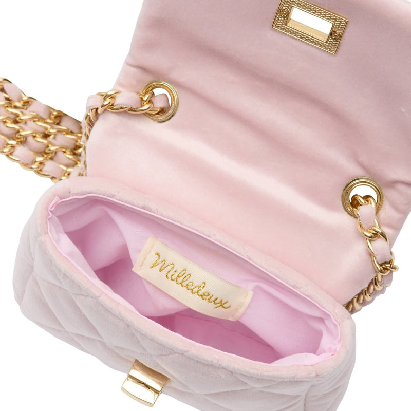 Girls Quilted Flap Mini Bag in Blush Pink Velvet