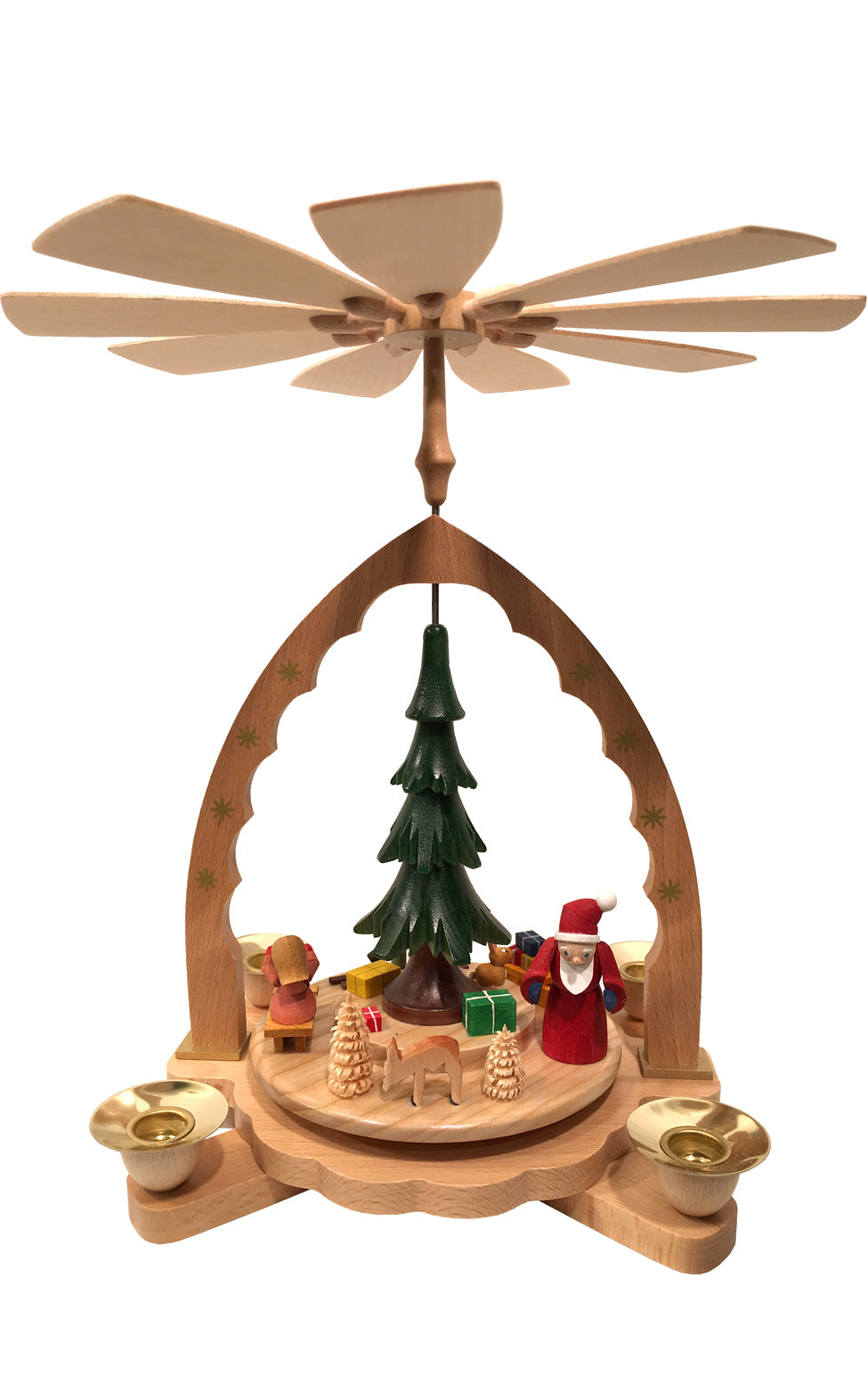 Christmas Morning Magic German wooden Christmas pyramid featuring Santa, children, colorful toys, and a traditional candle-powered rotating fan.
