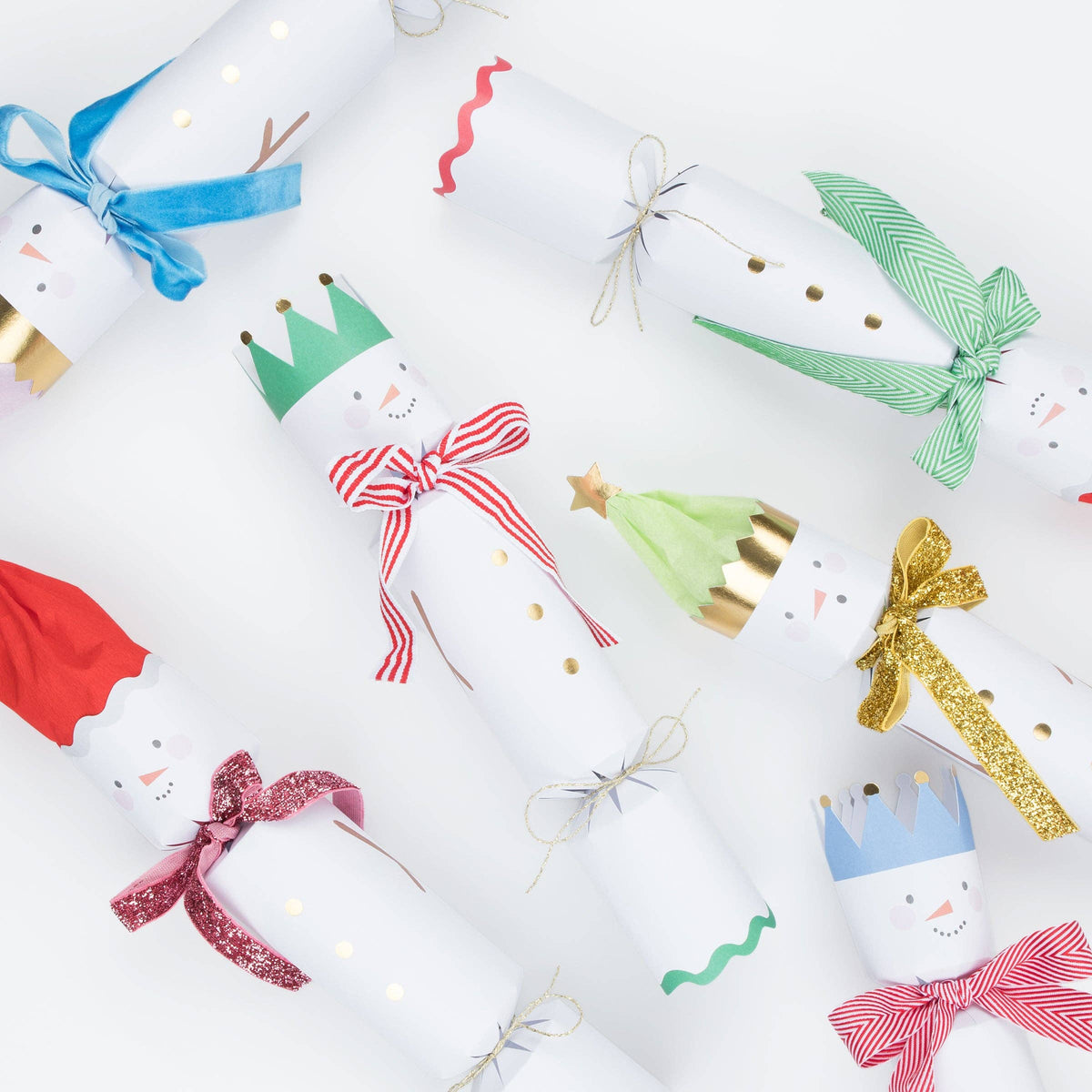Snowman Christmas Crackers set of six with colorful ribbon scarves and festive hats