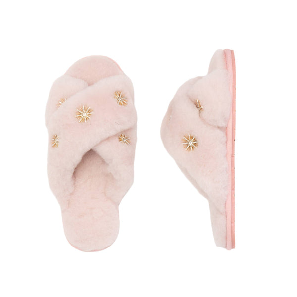 Blush Sheepskin Crystal Slippers