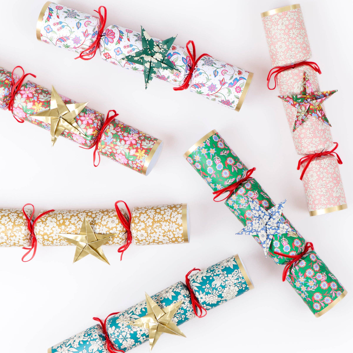 Liberty Origami Star Christmas Crackers set of six with red velvet bows