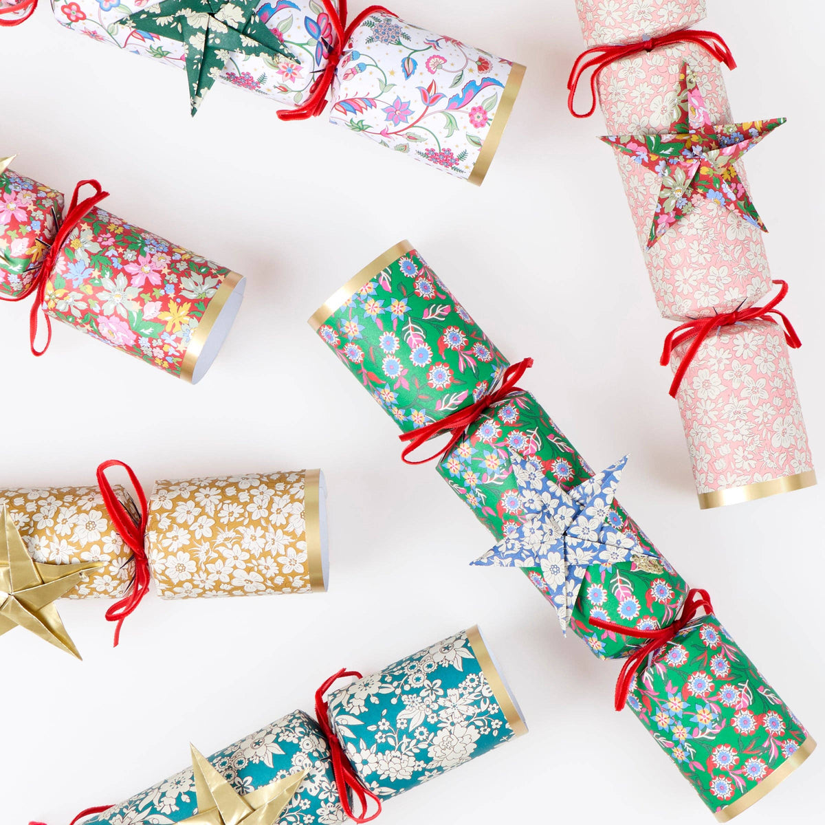 Luxury Liberty Christmas crackers with velvet bows and gold details
