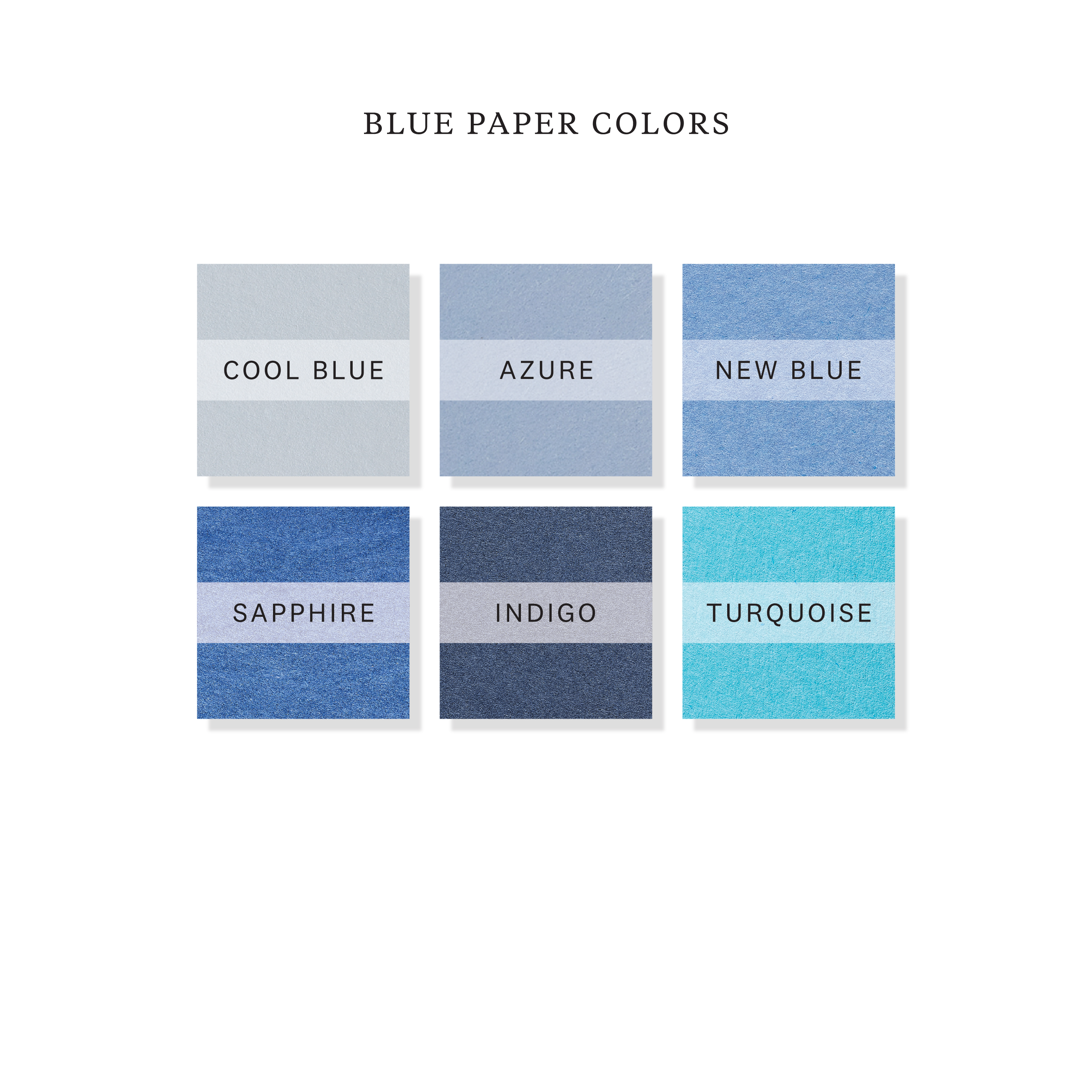 Blue paper color options for engraved gift tags showing cool blue, azure, new blue, sapphire, indigo, and turquoise paper choices.