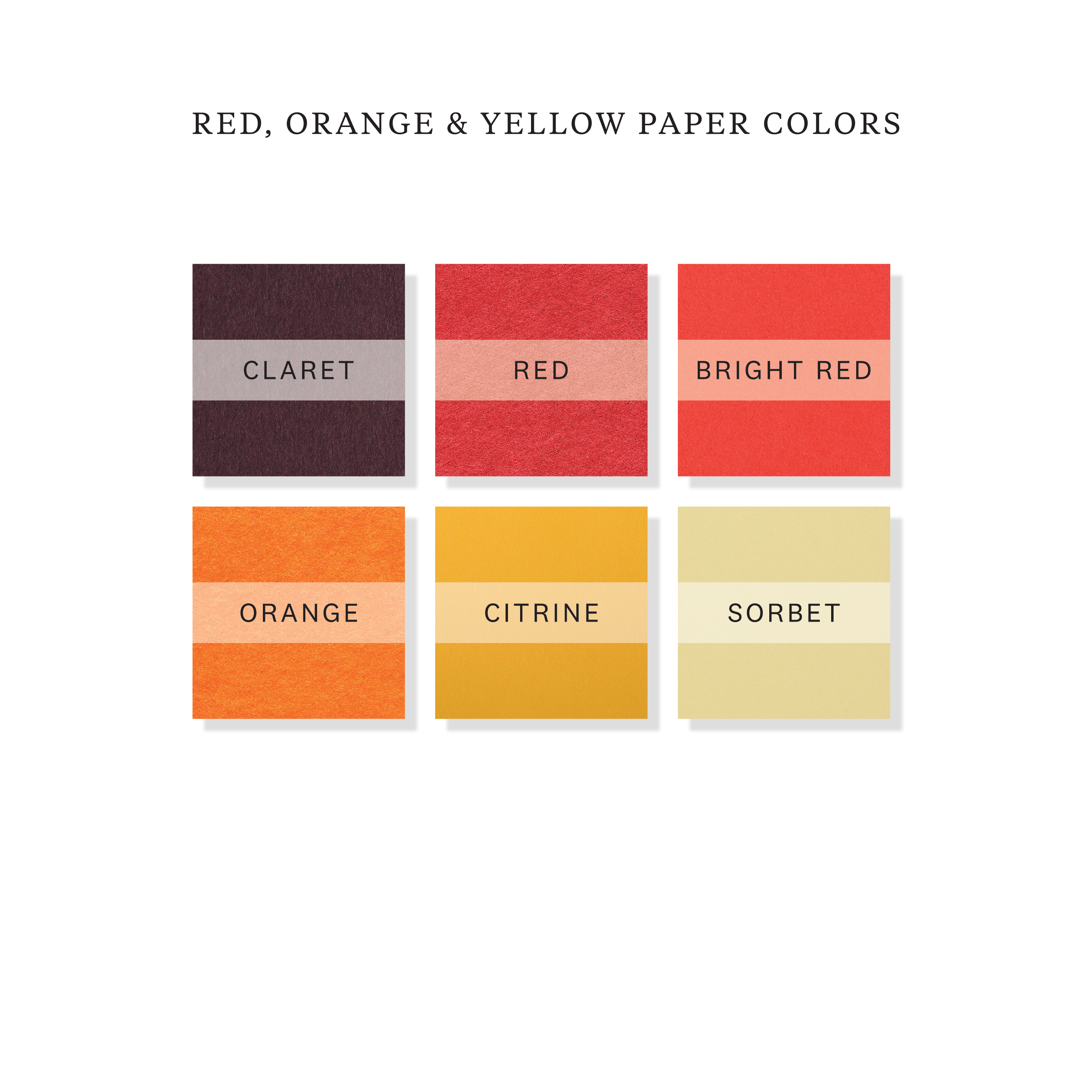 Red, orange, and yellow paper color options for engraved gift tags showing claret, red, bright red, orange, citrine, and sorbet paper choices.
