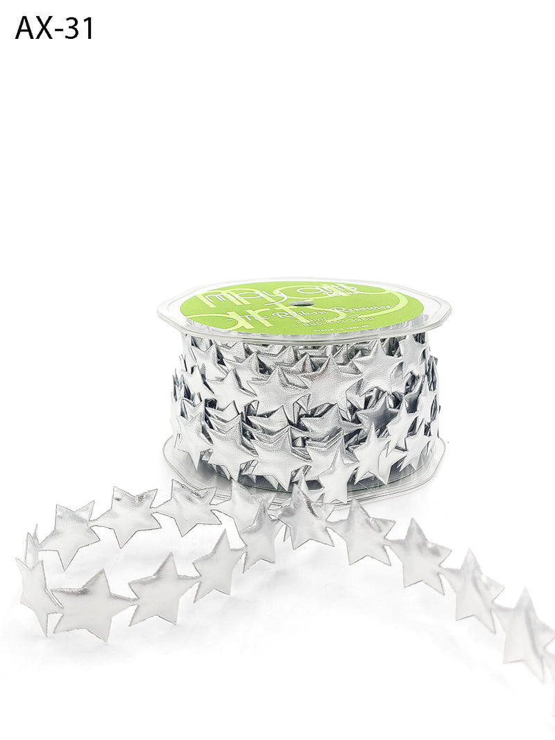 3/4″ Puffy Stars Silver Metallic Satin Ribbon