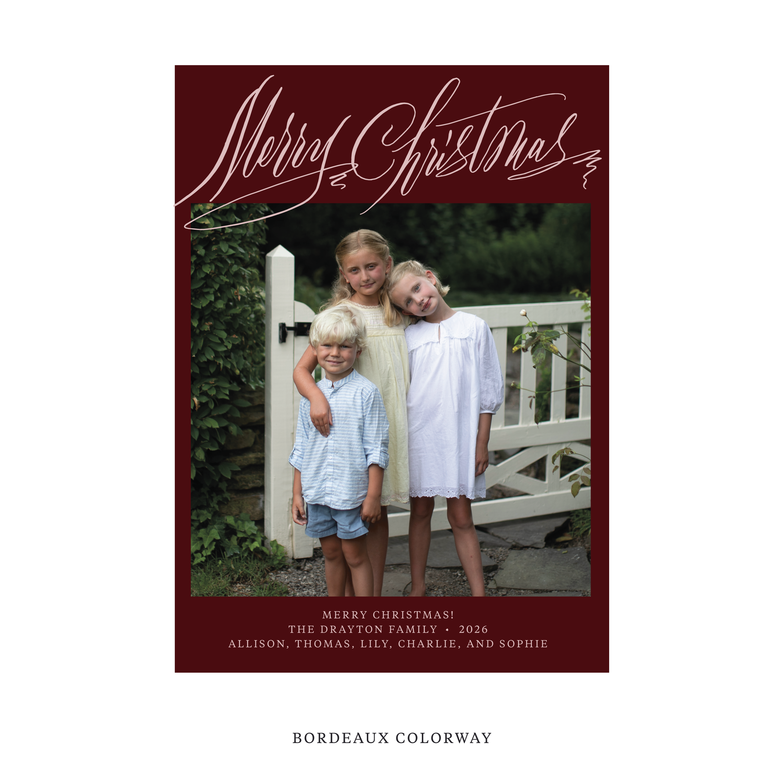 Celebrate the season with the Aldridge Merry Christmas Holiday Card by Stovall Collection. Featuring original hand-lettered artwork, this luxury personalized photo mount holiday card is available in 22 thoughtfully curated flat printing colorways.