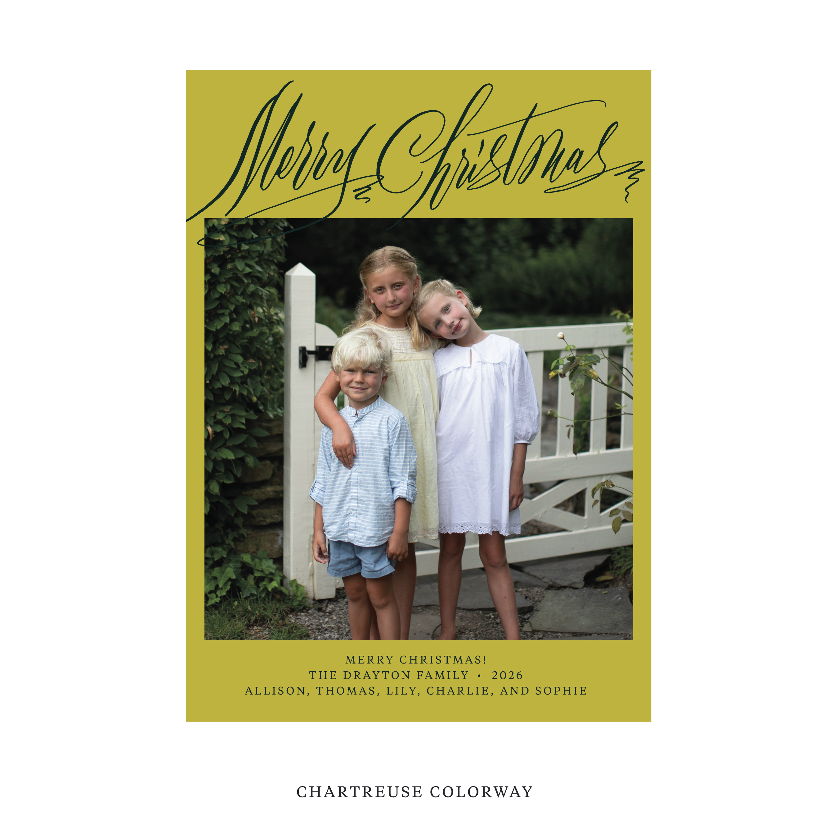 Celebrate the season with the Aldridge Merry Christmas Holiday Card by Stovall Collection. Featuring original hand-lettered artwork, this luxury personalized photo mount holiday card is available in 22 thoughtfully curated flat printing colorways.