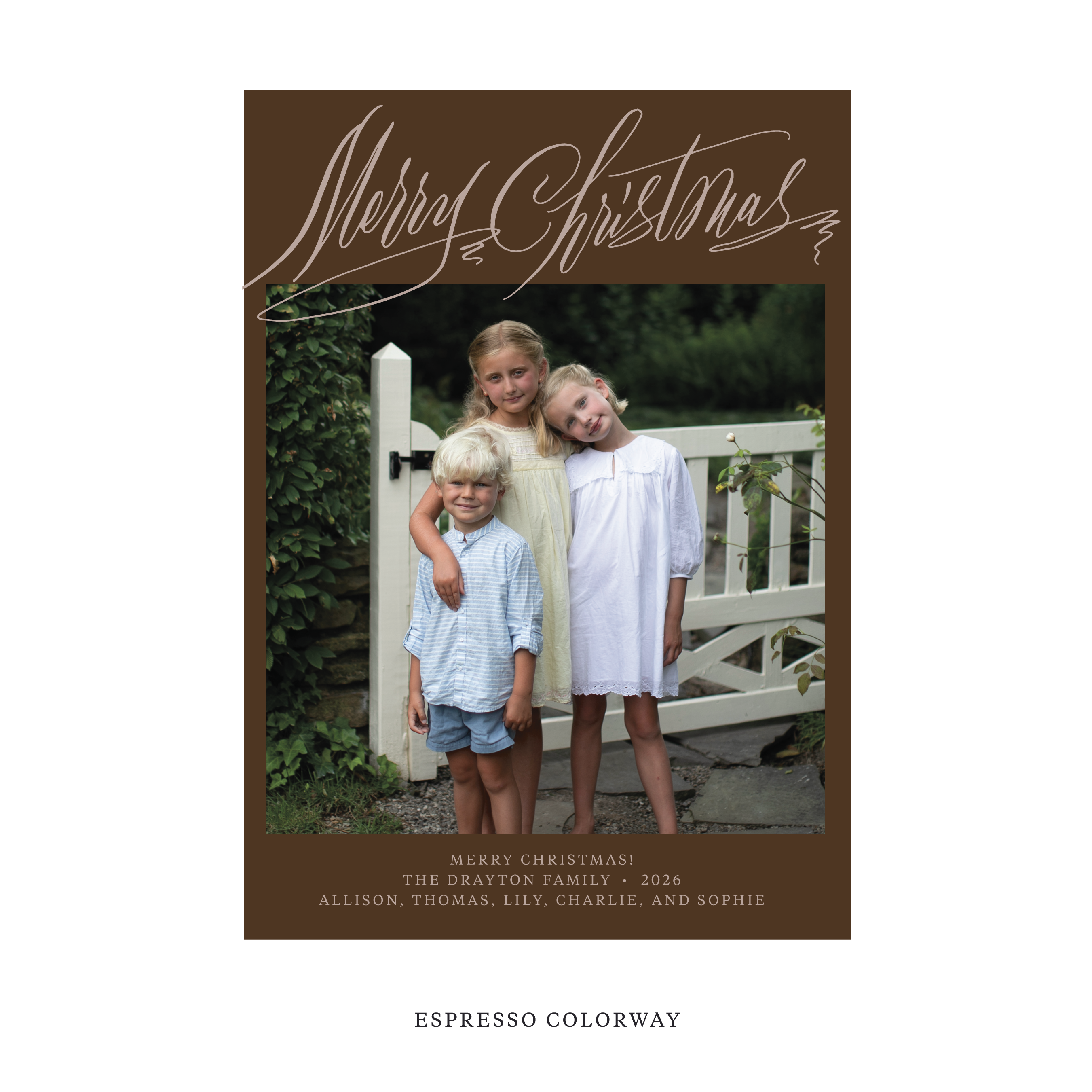 Celebrate the season with the Aldridge Merry Christmas Holiday Card by Stovall Collection. Featuring original hand-lettered artwork, this luxury personalized photo mount holiday card is available in 22 thoughtfully curated flat printing colorways.