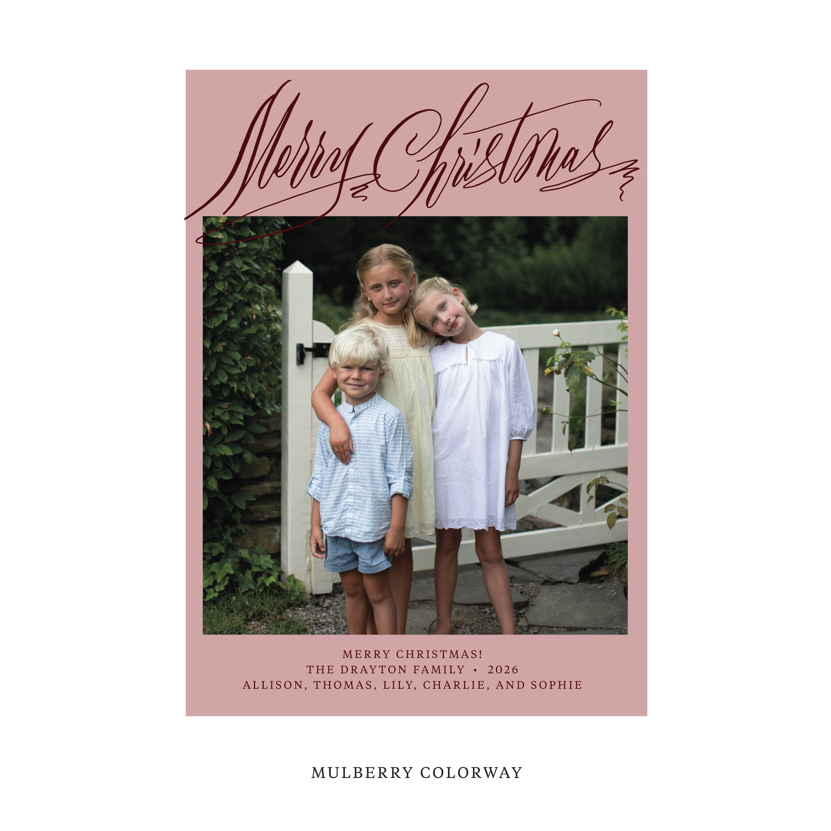 Celebrate the season with the Aldridge Merry Christmas Holiday Card by Stovall Collection. Featuring original hand-lettered artwork, this luxury personalized photo mount holiday card is available in 22 thoughtfully curated flat printing colorways.