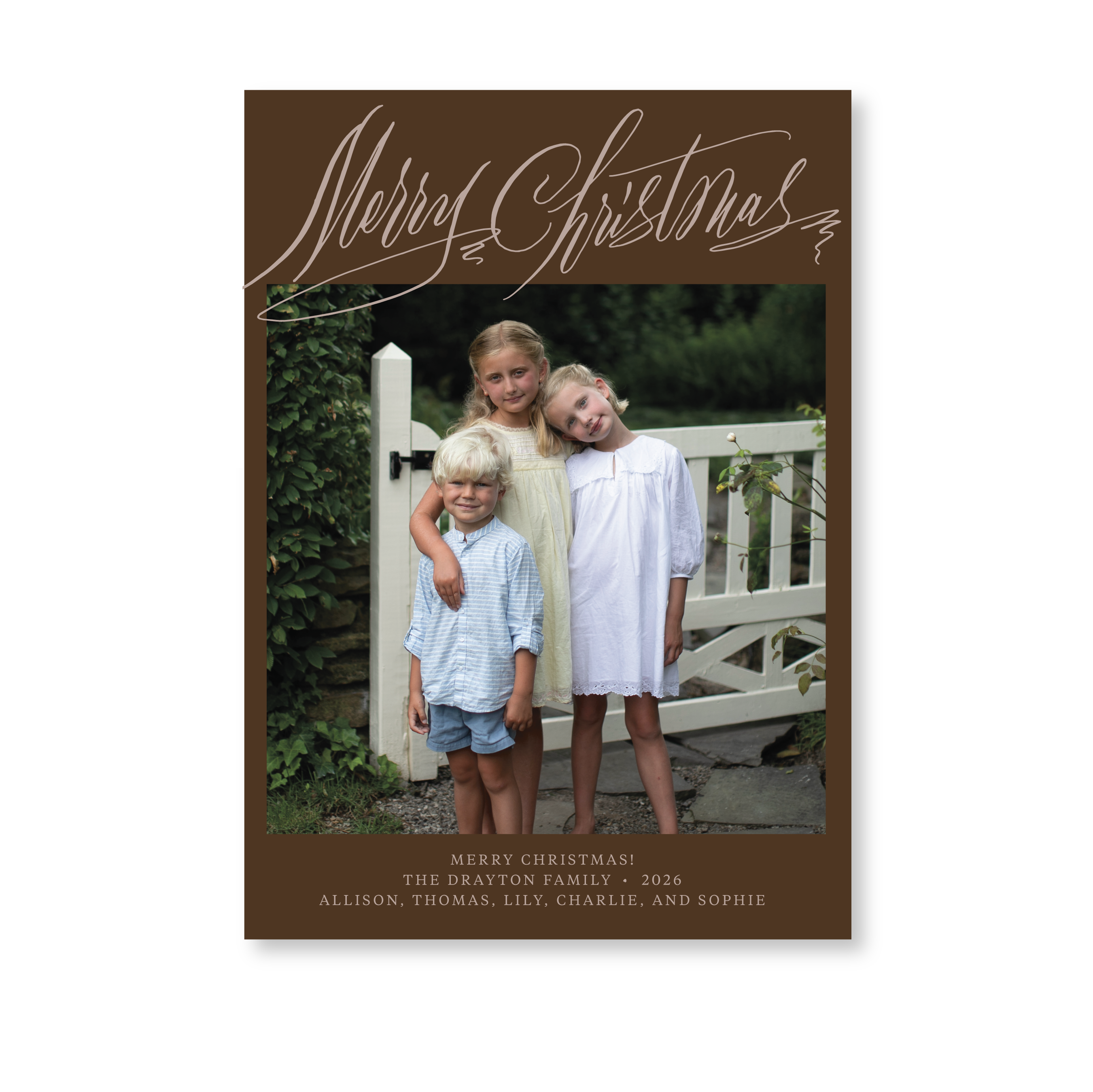 Celebrate the season with the Aldridge Merry Christmas Holiday Card by Stovall Collection. Featuring original hand-lettered artwork, this luxury personalized photo mount holiday card is available in 22 thoughtfully curated flat printing colorways.