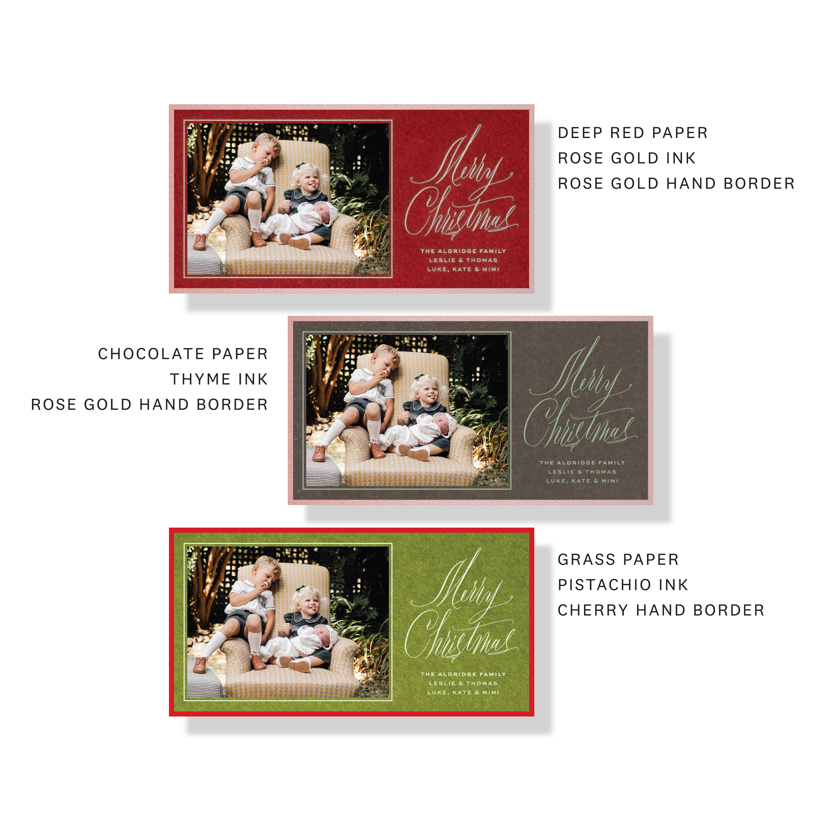 Aldridge Engraved Christmas Photo Card featuring a family photograph beside hand-lettered “Merry Christmas” calligraphy on a rich red background with personalized family names.