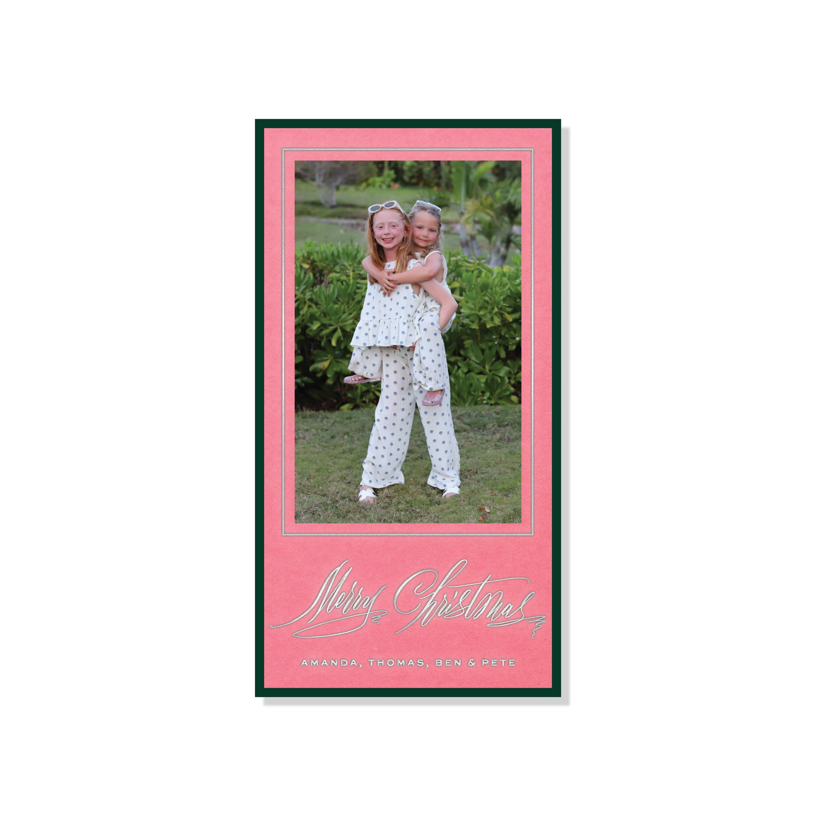 Aldridge Engraved Photo Card, Petite, featuring family holiday photos framed in burgundy and teal with elegant engraved “Merry Christmas” calligraphy and personalized family names.
