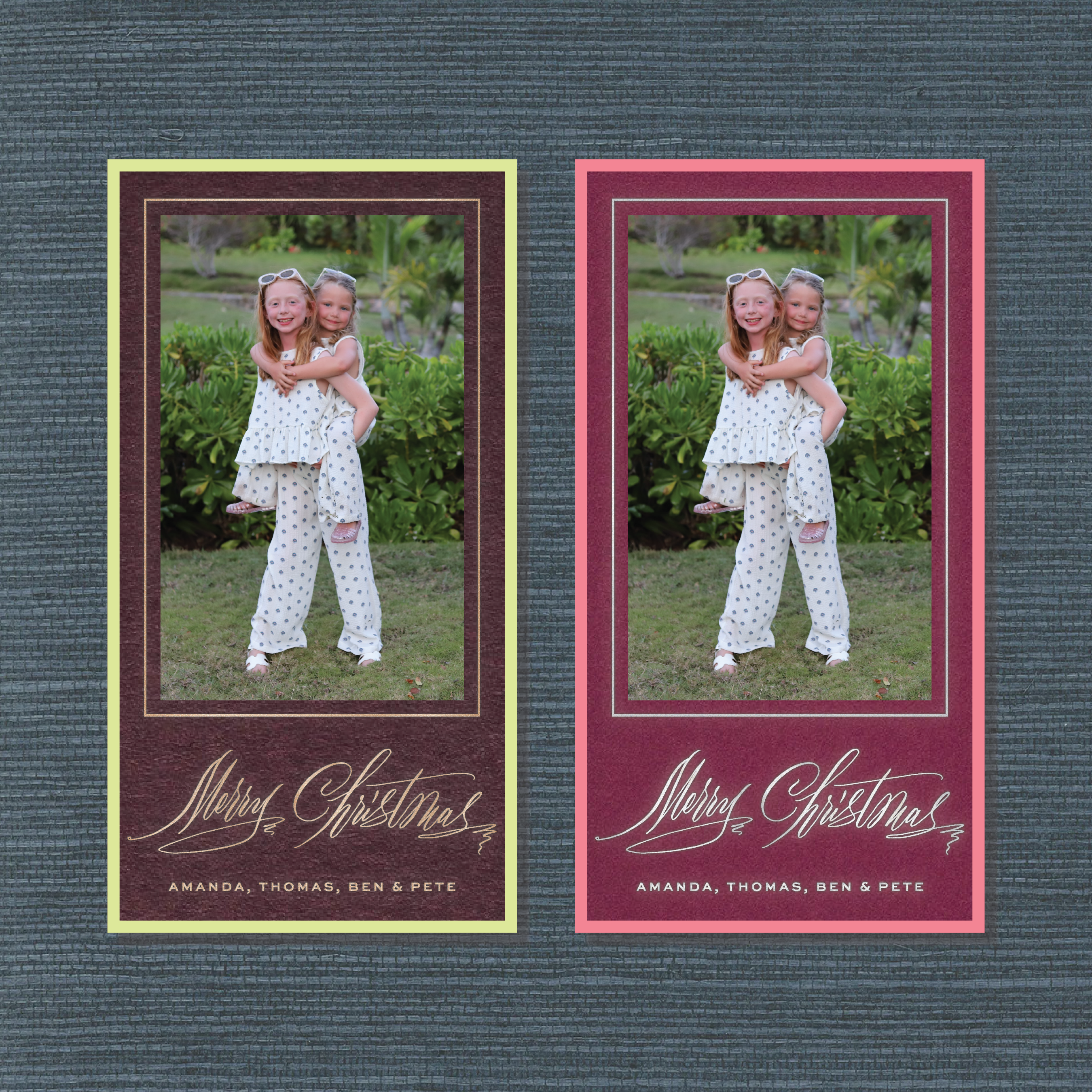 Aldridge Engraved Photo Card, Petite, featuring family holiday photos framed in burgundy and teal with elegant engraved “Merry Christmas” calligraphy and personalized family names.