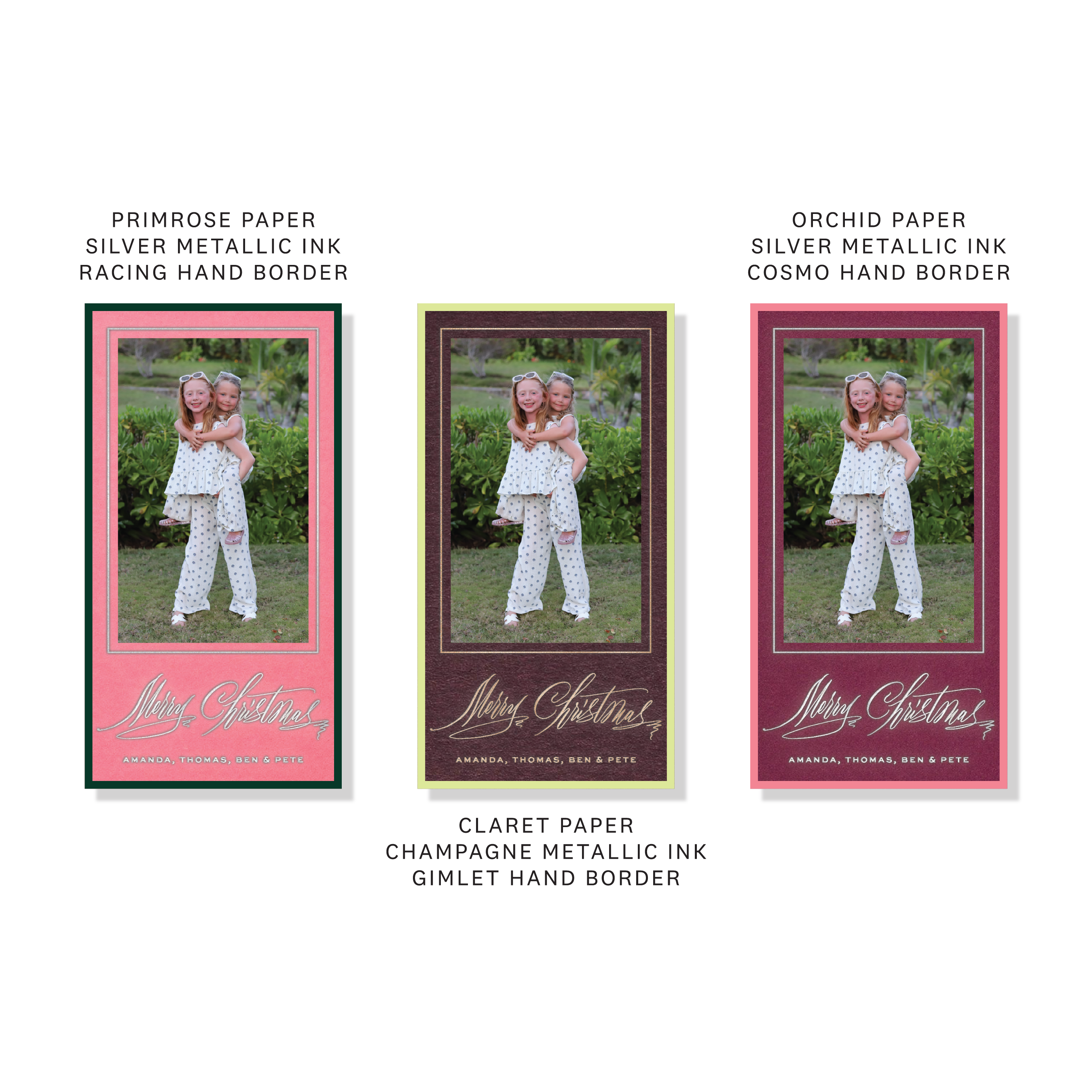 Aldridge Engraved Photo Card, Petite, featuring family holiday photos framed in burgundy and teal with elegant engraved “Merry Christmas” calligraphy and personalized family names.