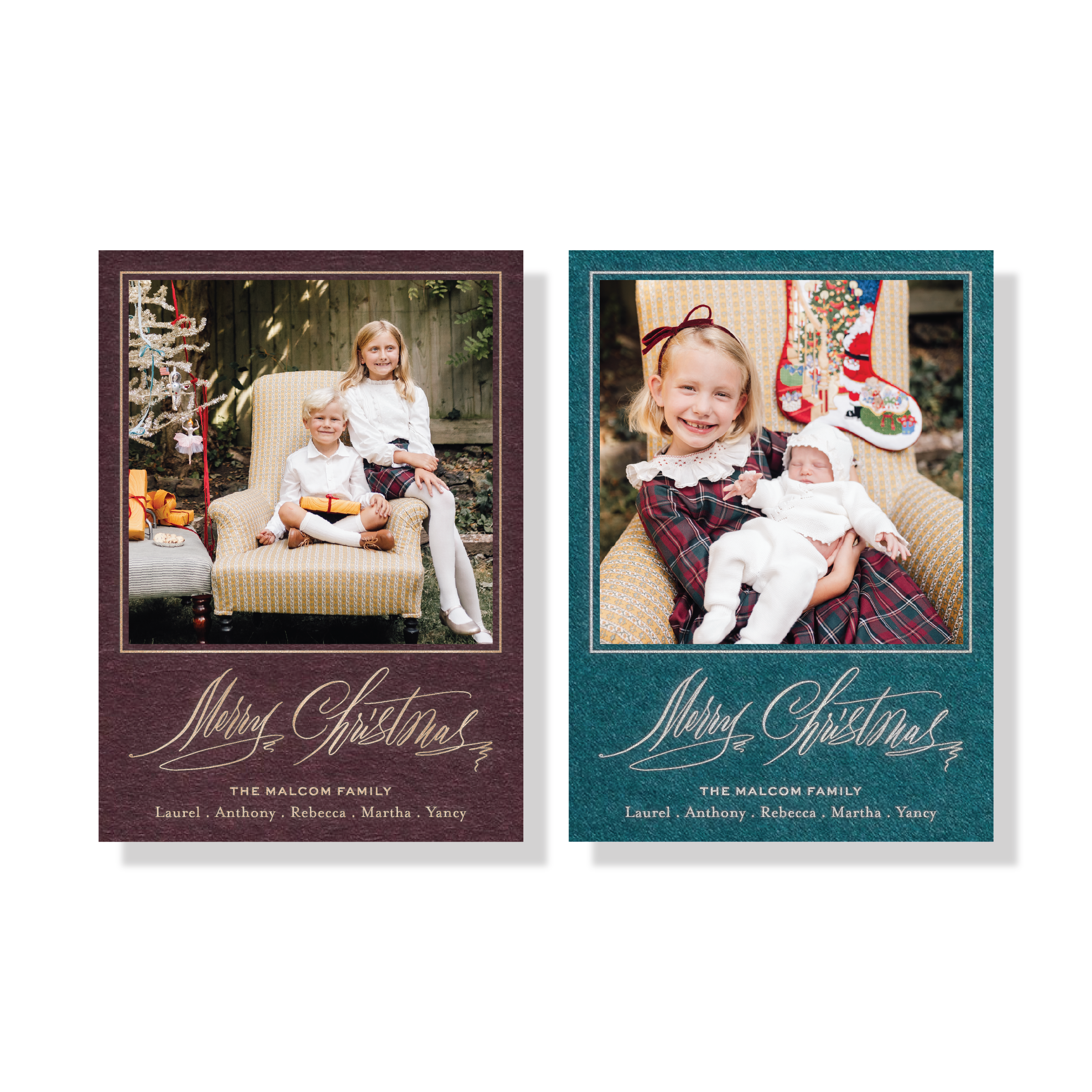 Aldridge Engraved Photo Card, Petite, featuring family holiday photos framed in burgundy and teal with elegant engraved “Merry Christmas” calligraphy and personalized family names.