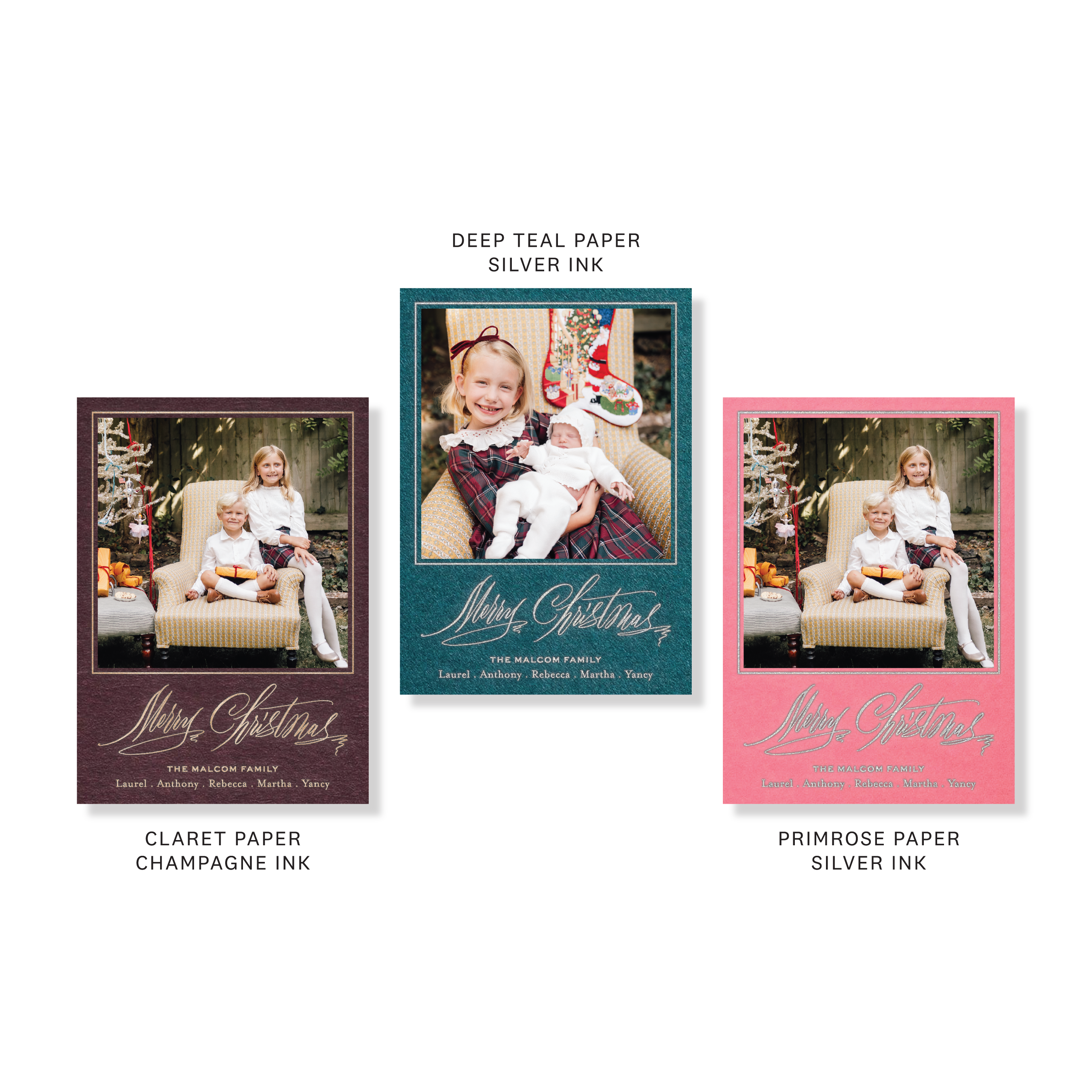 Aldridge Engraved Photo Card, Petite, featuring family holiday photos framed in burgundy and teal with elegant engraved “Merry Christmas” calligraphy and personalized family names.