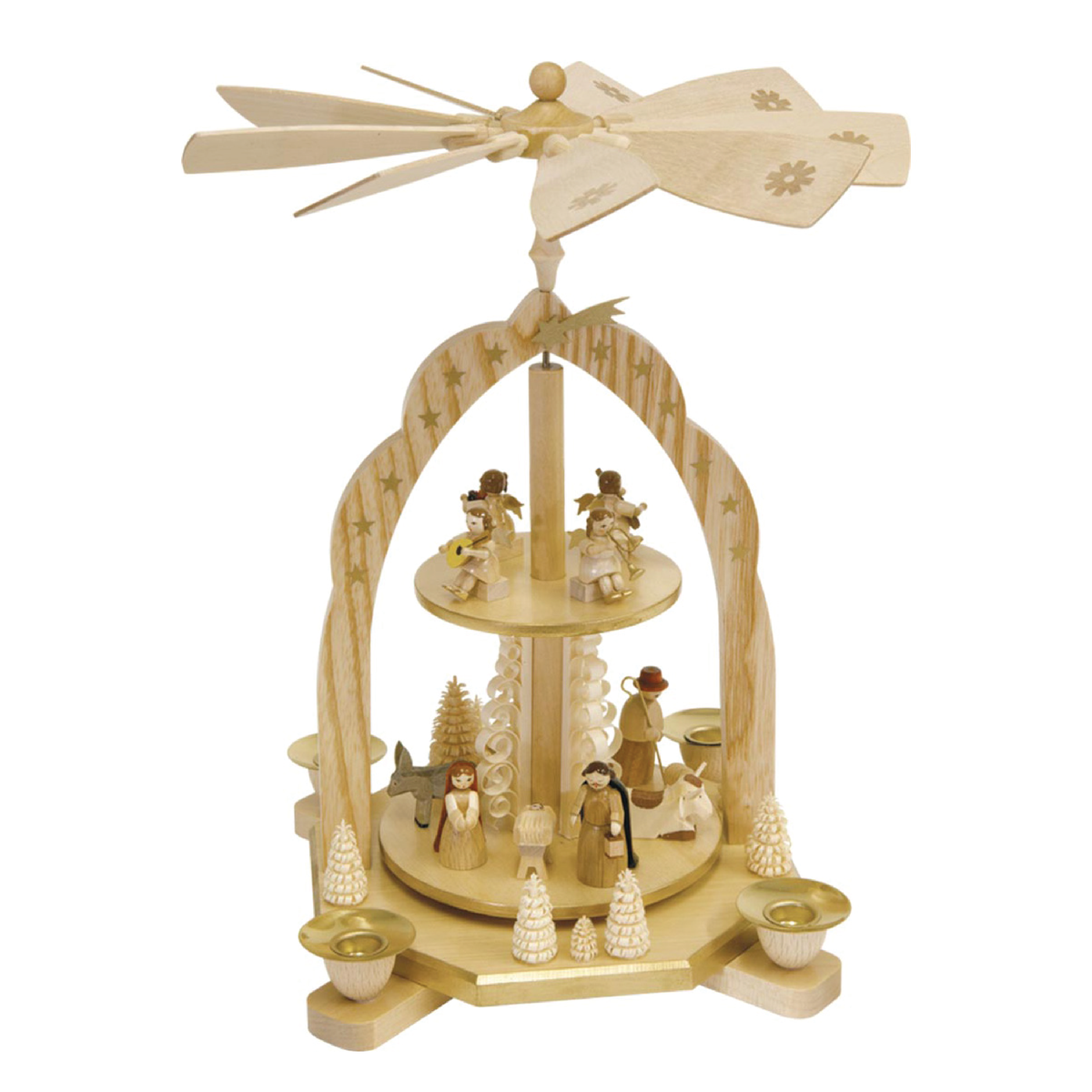 Angels Over Bethlehem two-tier German wooden Christmas pyramid featuring a Nativity scene, Three Wise Men, angel musicians, and natural wood arches.