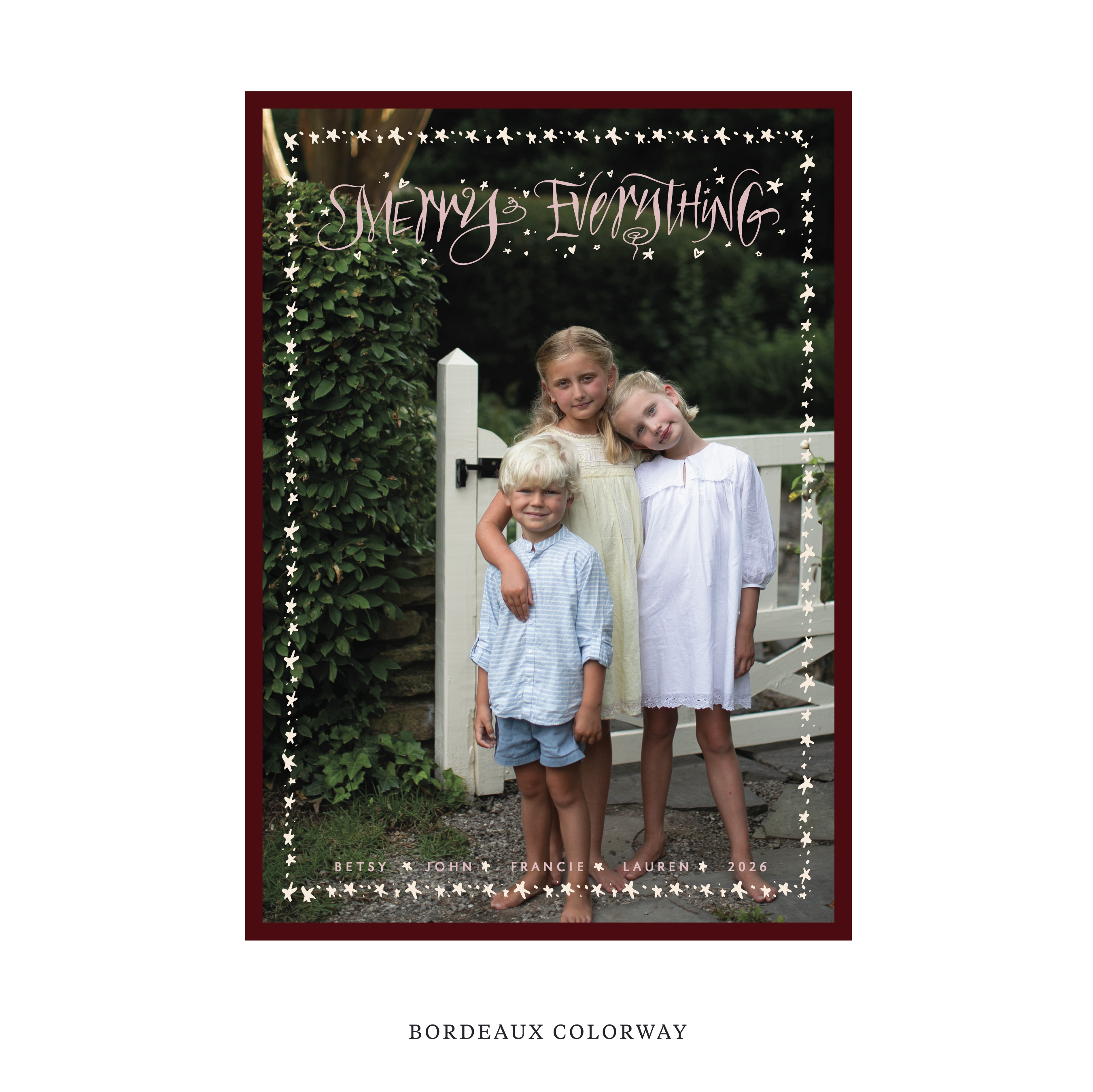 Celebrate the season with the Ansley "Merry Everything" Holiday Card by Stovall Collection. Featuring original hand-lettered artwork, this luxury personalized photo mount holiday card is available in 22 thoughtfully curated flat printing colorways.
