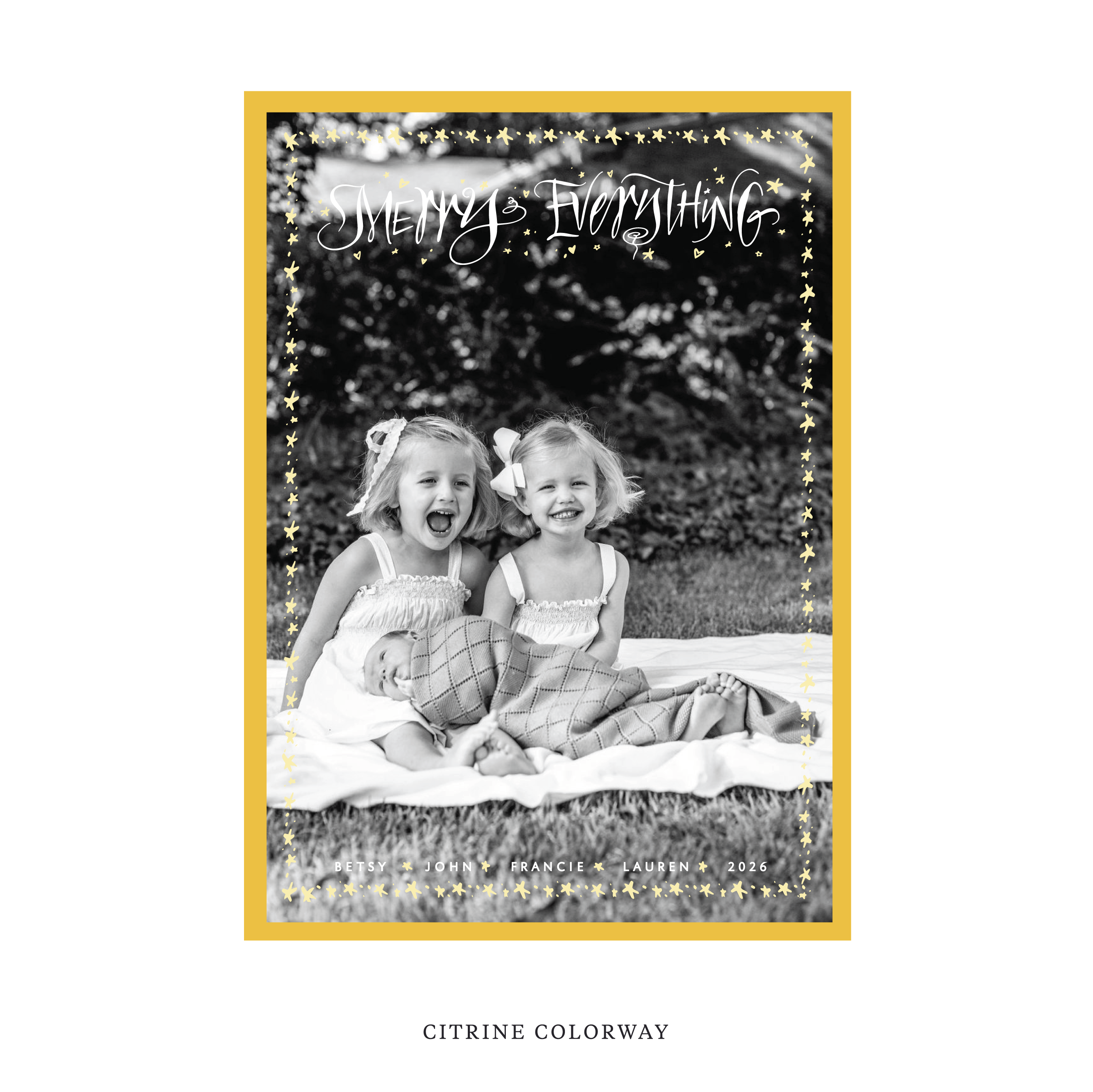 Celebrate the season with the Ansley "Merry Everything" Holiday Card by Stovall Collection. Featuring original hand-lettered artwork, this luxury personalized photo mount holiday card is available in 22 thoughtfully curated flat printing colorways.