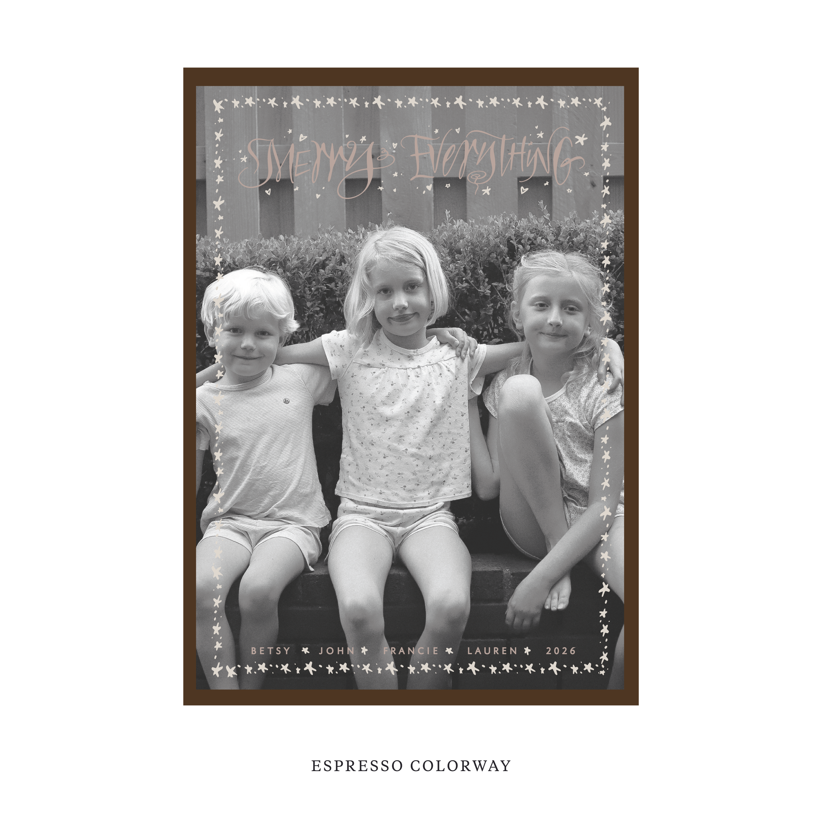 Celebrate the season with the Ansley "Merry Everything" Holiday Card by Stovall Collection. Featuring original hand-lettered artwork, this luxury personalized photo mount holiday card is available in 22 thoughtfully curated flat printing colorways.