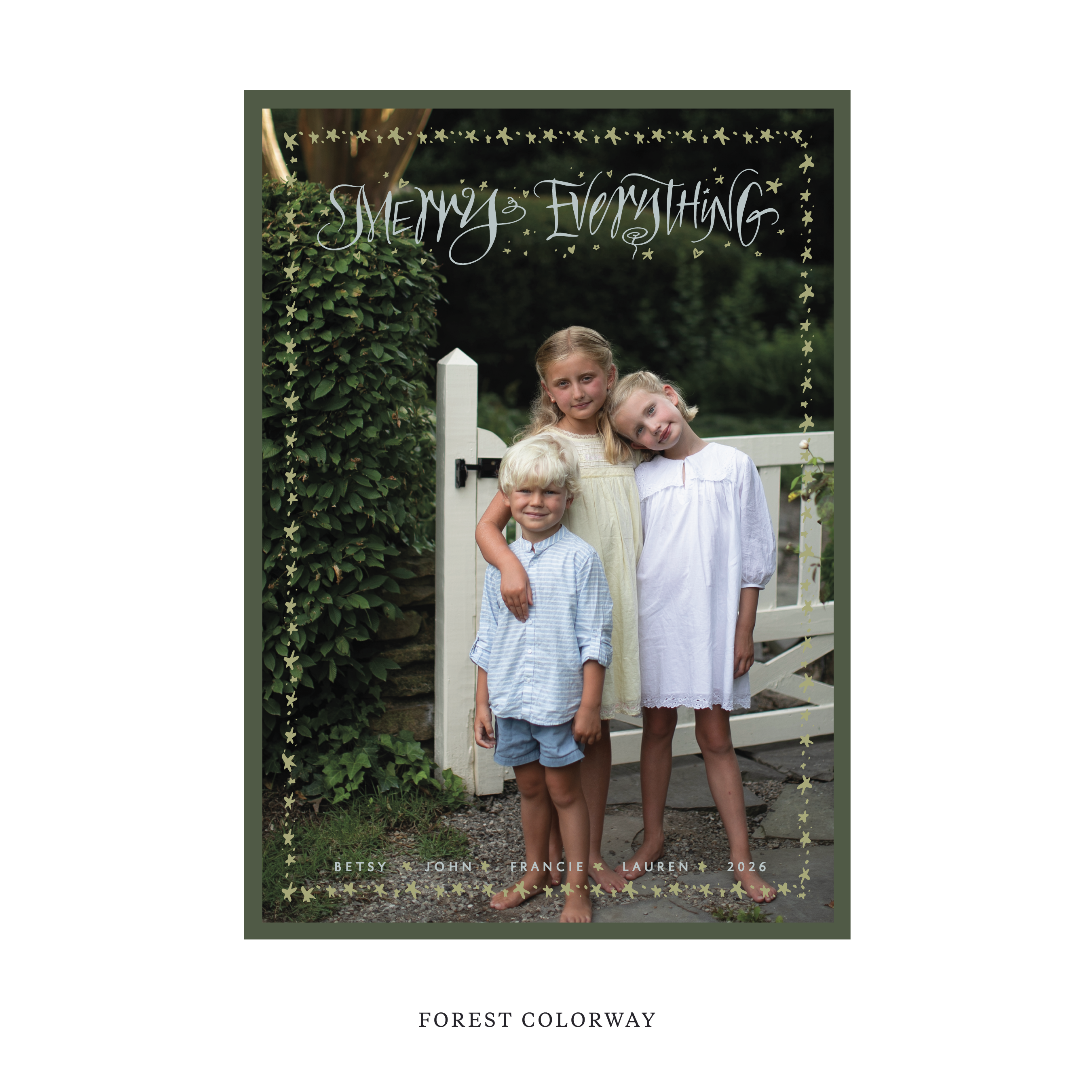 Celebrate the season with the Ansley "Merry Everything" Holiday Card by Stovall Collection. Featuring original hand-lettered artwork, this luxury personalized photo mount holiday card is available in 22 thoughtfully curated flat printing colorways.