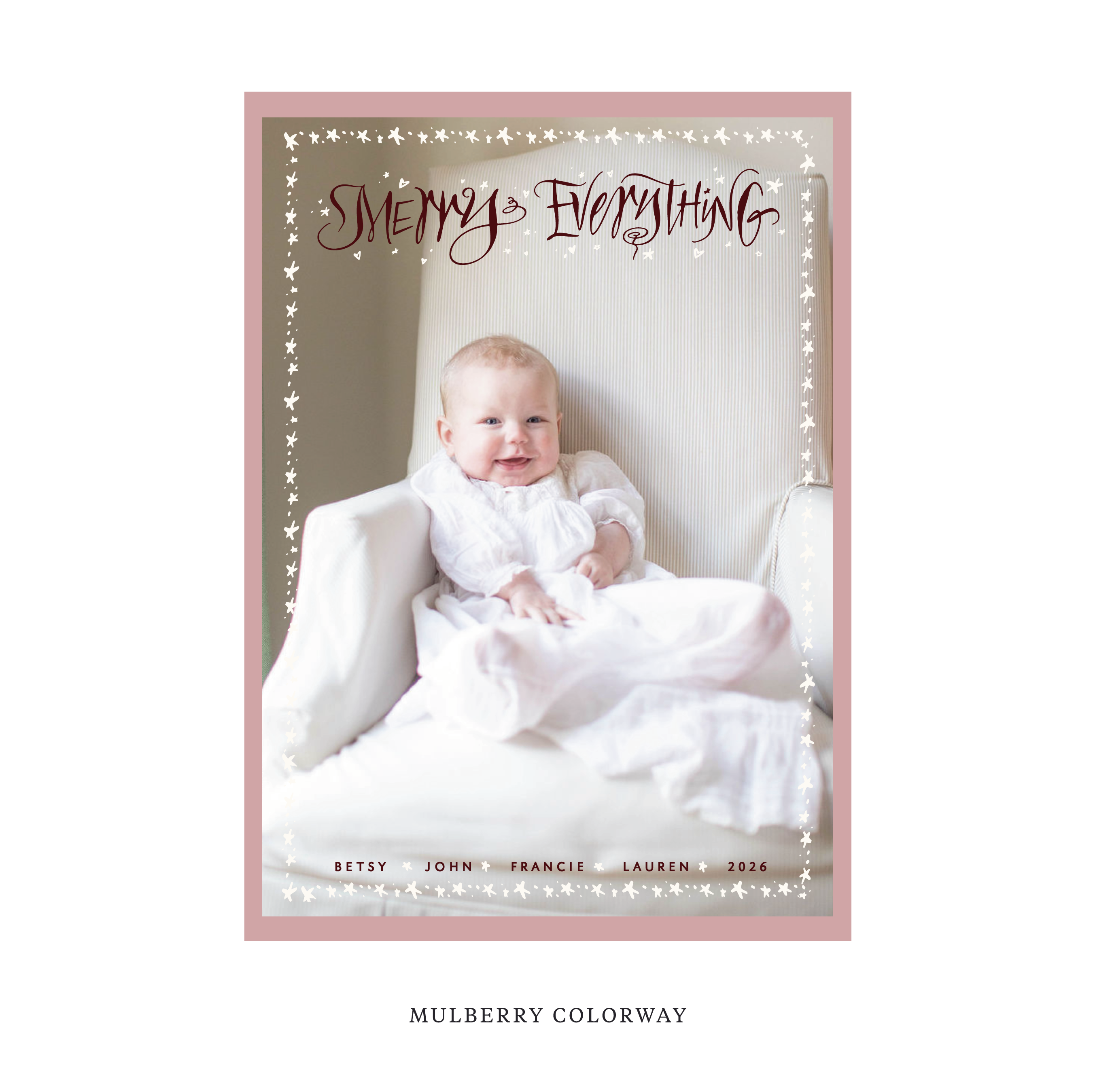 Celebrate the season with the Ansley "Merry Everything" Holiday Card by Stovall Collection. Featuring original hand-lettered artwork, this luxury personalized photo mount holiday card is available in 22 thoughtfully curated flat printing colorways.