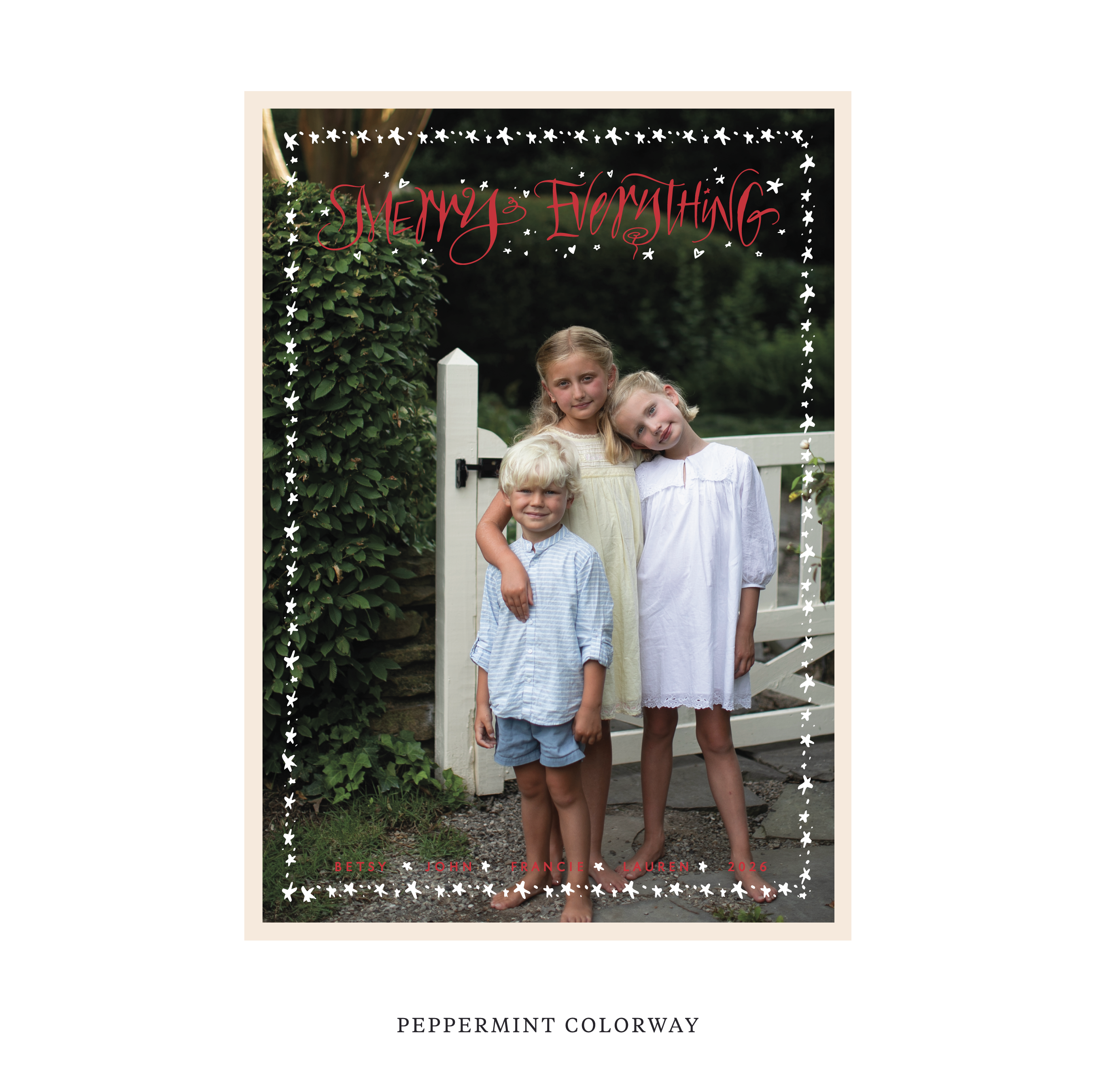 Celebrate the season with the Ansley "Merry Everything" Holiday Card by Stovall Collection. Featuring original hand-lettered artwork, this luxury personalized photo mount holiday card is available in 22 thoughtfully curated flat printing colorways.