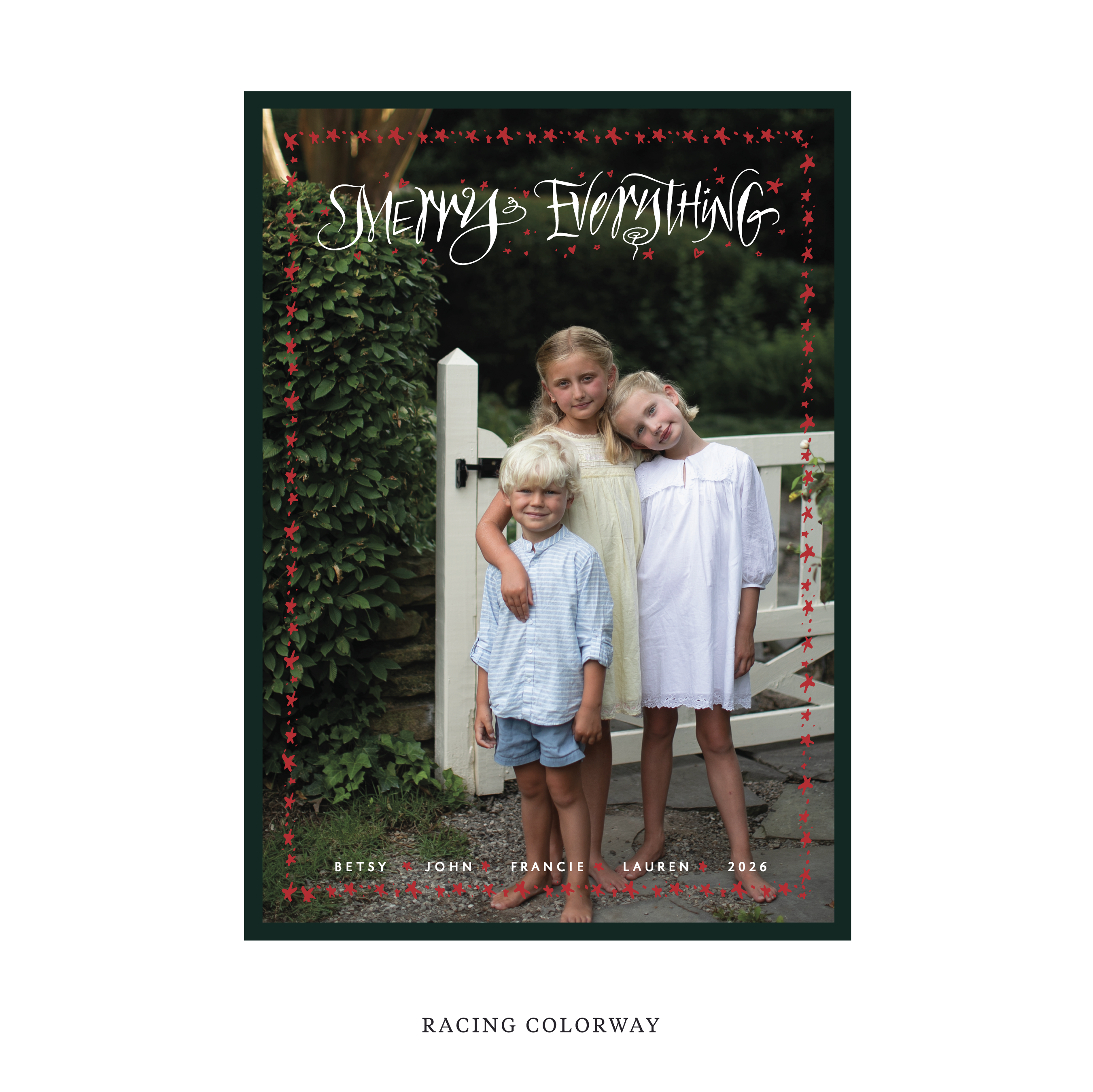 Celebrate the season with the Ansley "Merry Everything" Holiday Card by Stovall Collection. Featuring original hand-lettered artwork, this luxury personalized photo mount holiday card is available in 22 thoughtfully curated flat printing colorways.