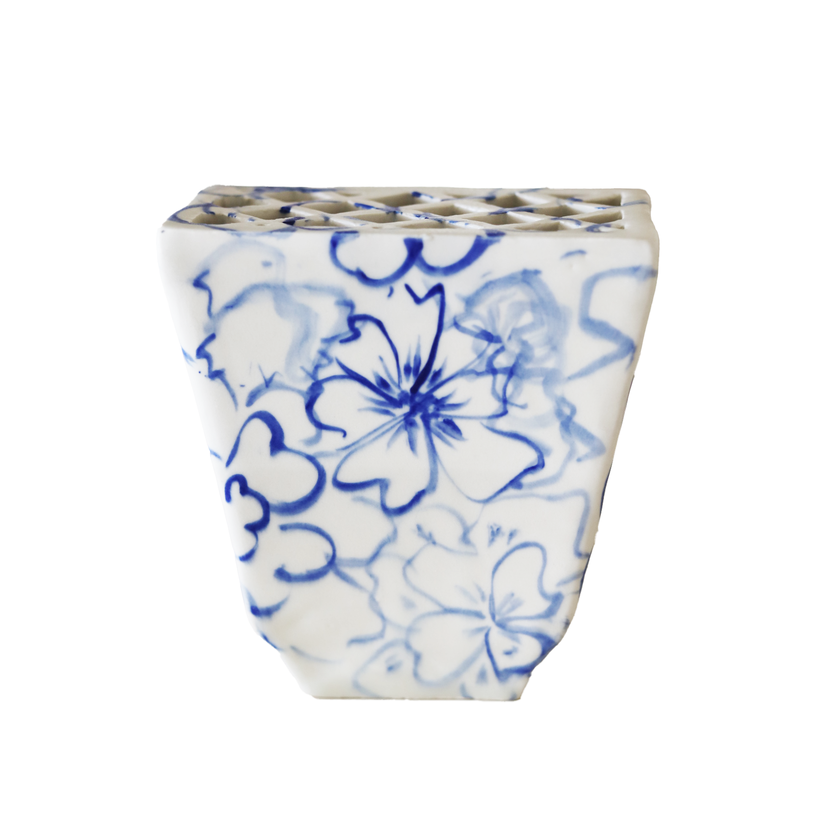 Blue Floral Trapezoid Brick Vase