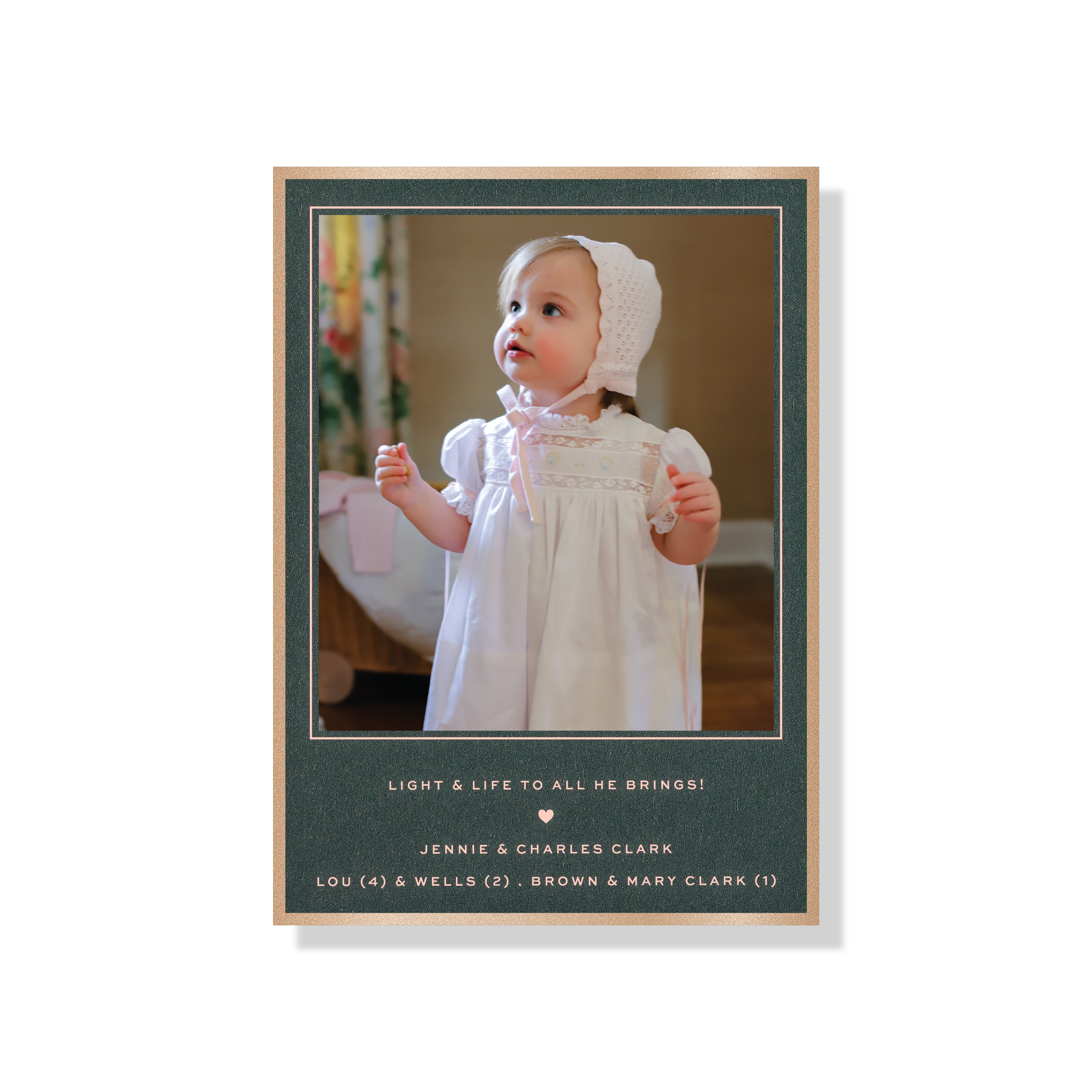 Balfour personalized engraved holiday card featuring a hand-mounted family photograph and timeless Christmas typography.