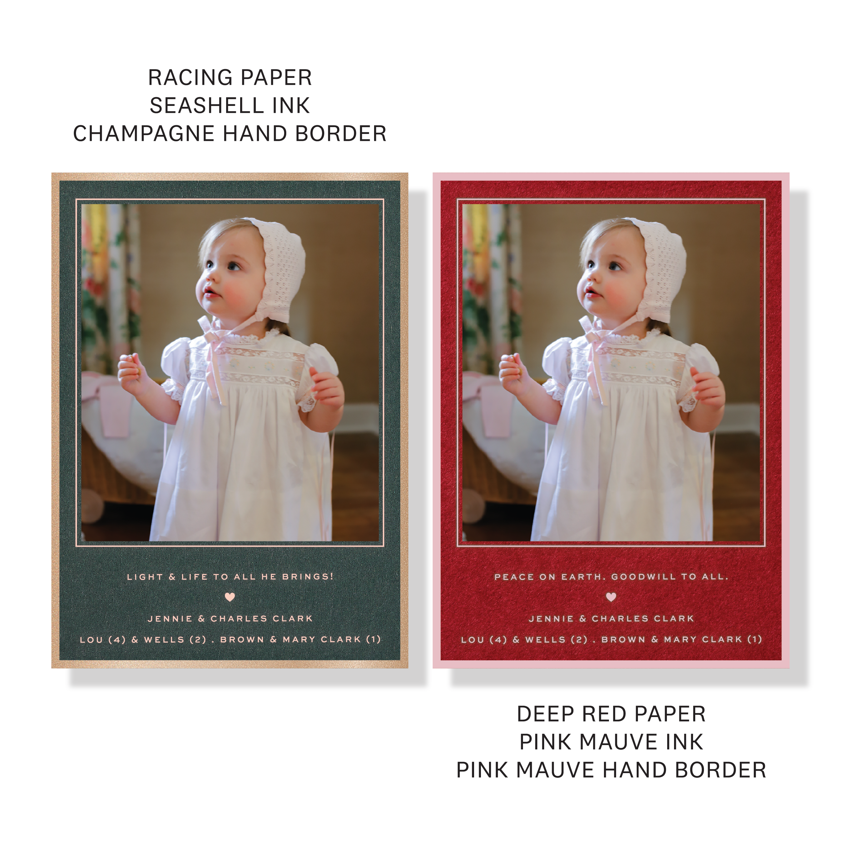 Balfour personalized engraved holiday card featuring a hand-mounted family photograph and timeless Christmas typography.