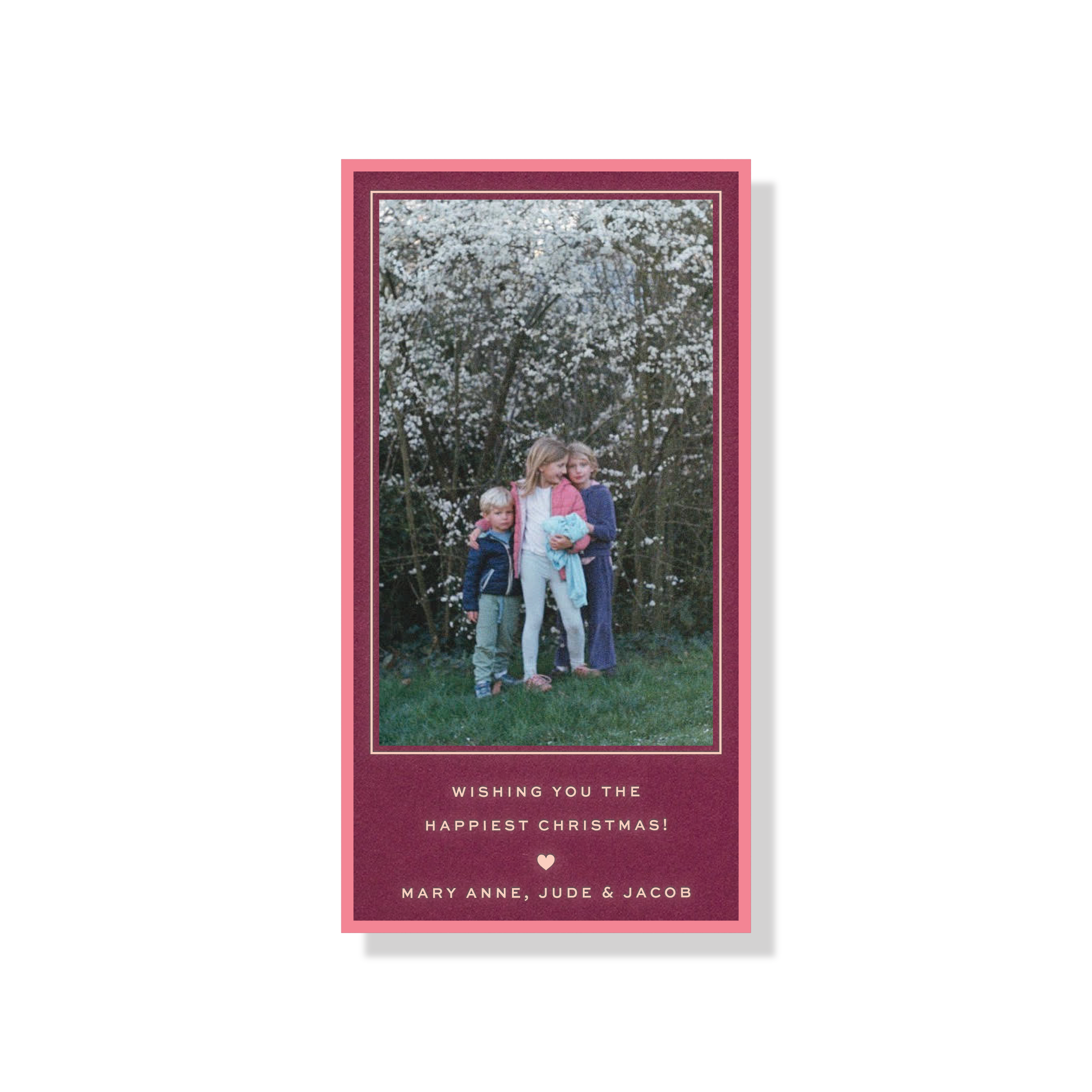 Balfour personalized engraved holiday card featuring a hand-mounted family photograph and timeless Christmas typography.