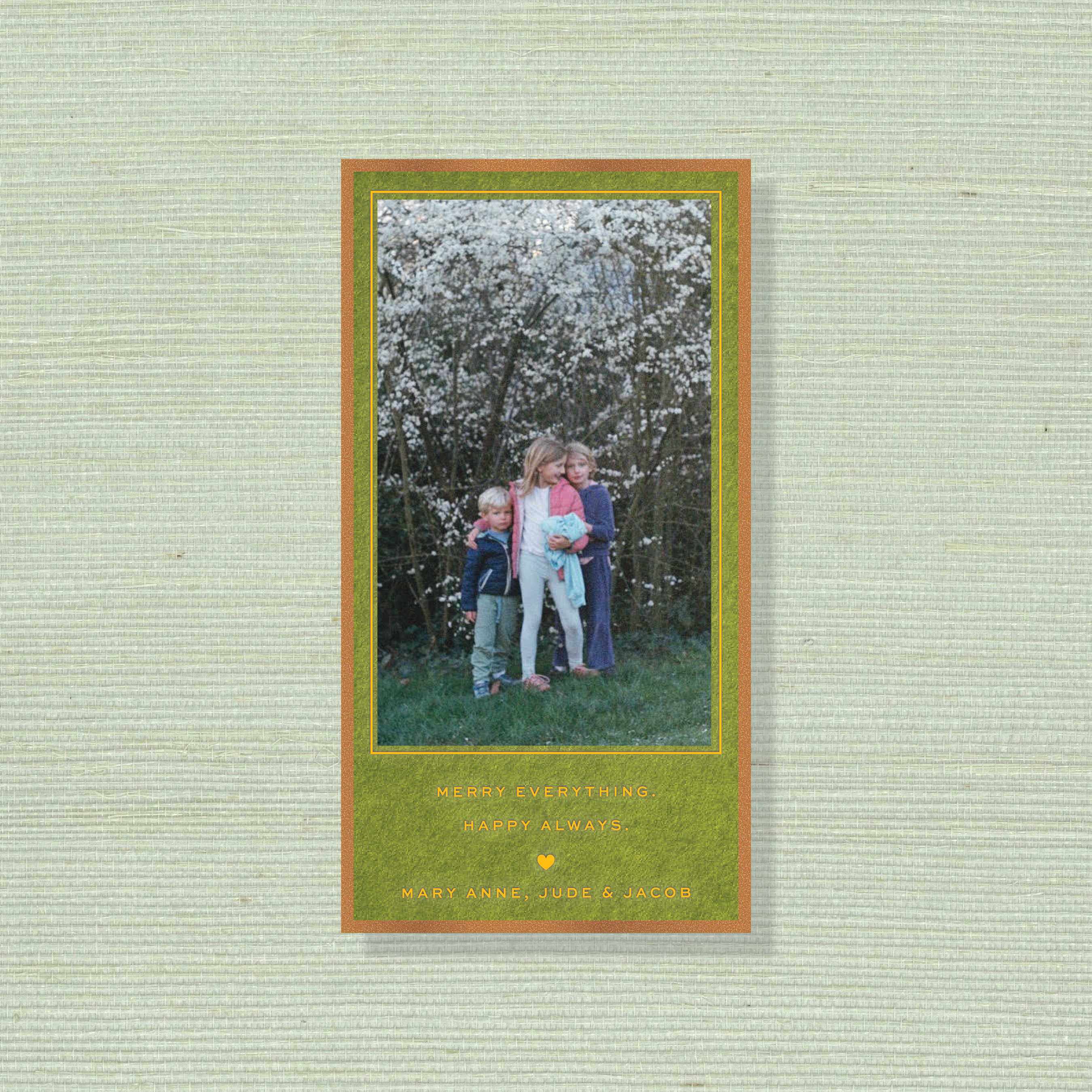 Balfour personalized engraved holiday card featuring a hand-mounted family photograph and timeless Christmas typography.