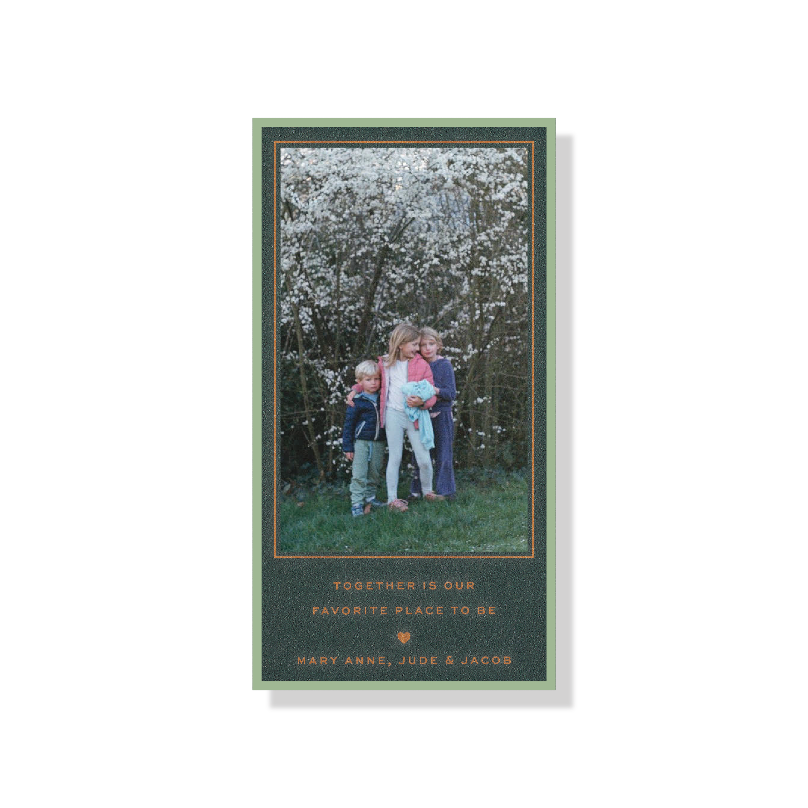 Balfour personalized engraved holiday card featuring a hand-mounted family photograph and timeless Christmas typography.