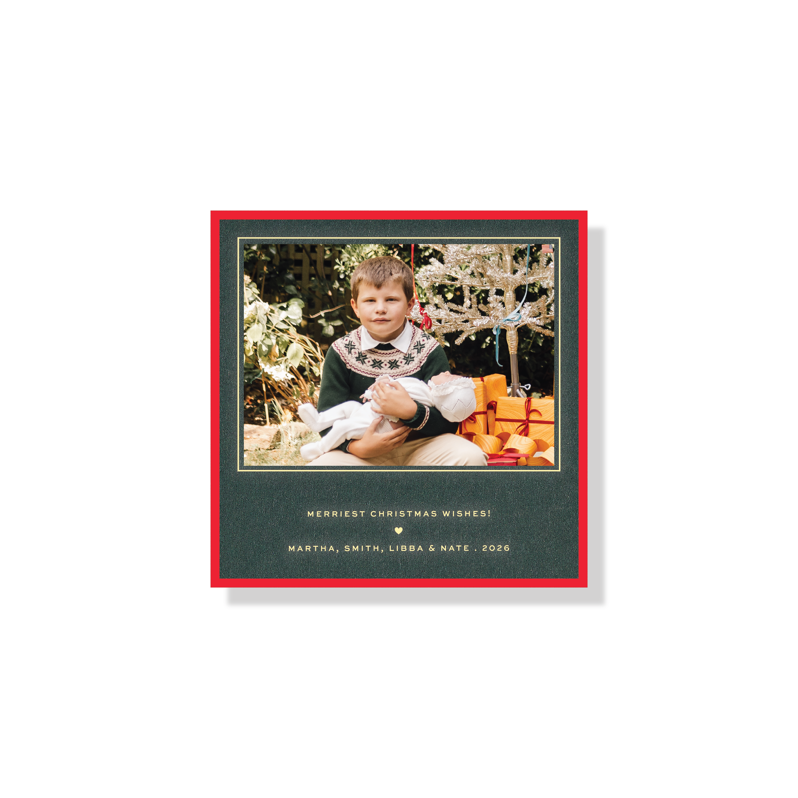 Personalized Balfour Engraved Holiday Photo Card featuring a hand-mounted photograph and elegant, raised engraved lettering.
