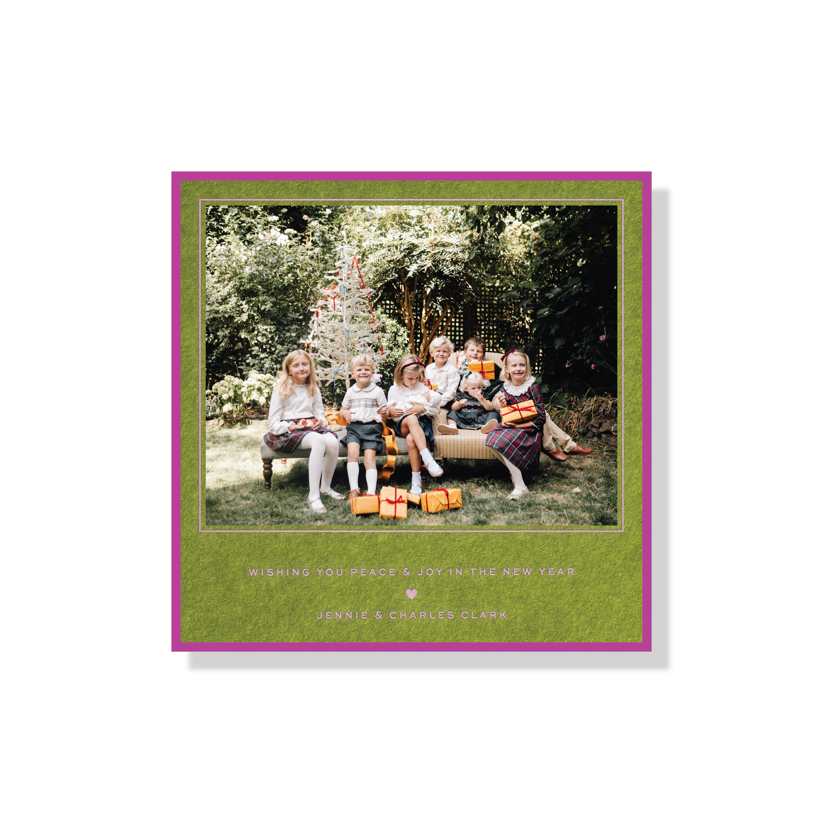 Luxury Balfour Engraved Christmas Card with a family photo, refined typography, and traditional engraved printing.