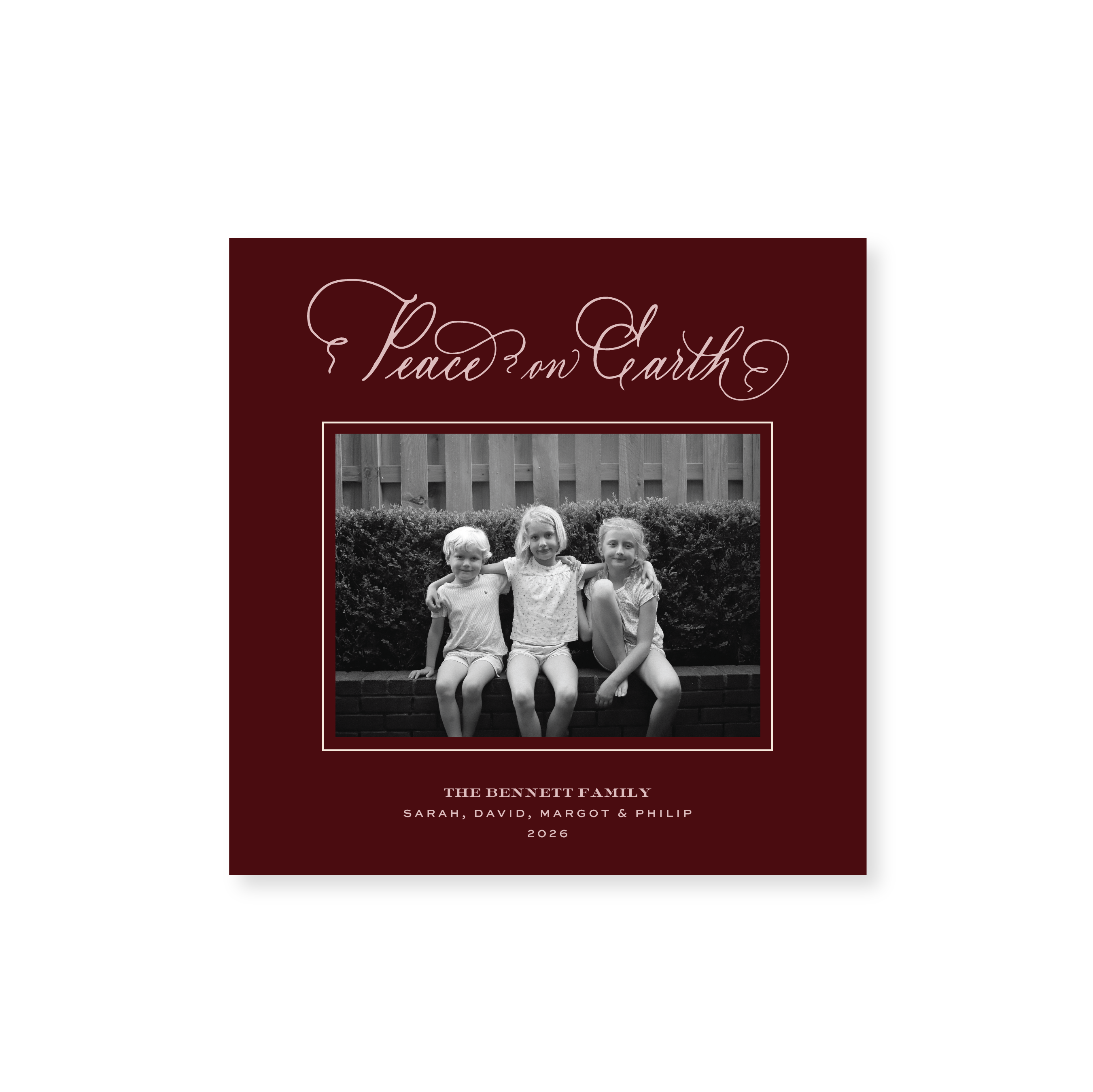Bennett Classic Flat Print Peace on Earth photo mount holiday card featuring original hand-lettered artwork by Stovall Collection.
