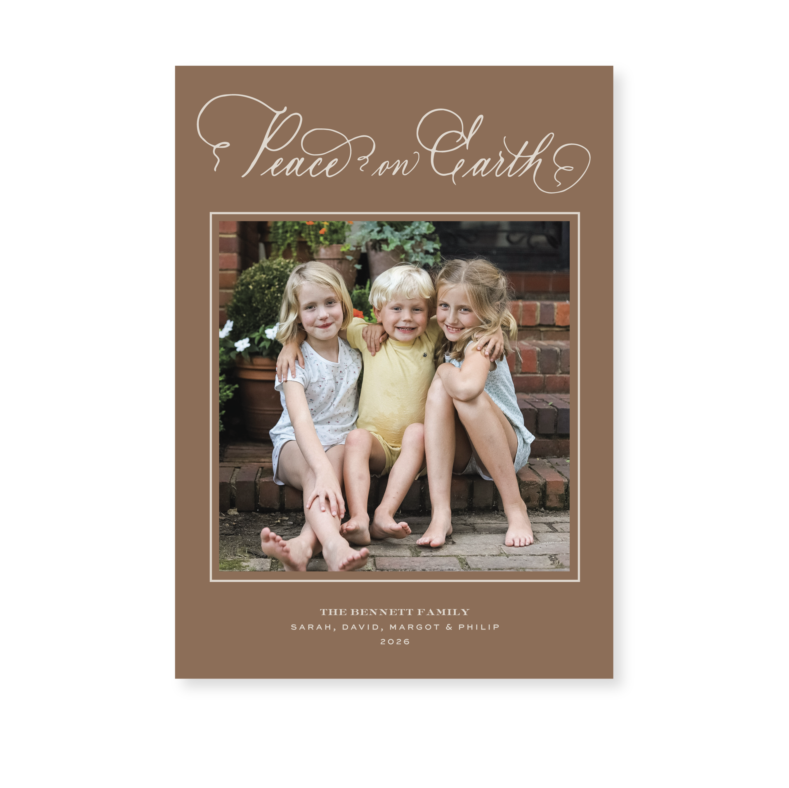 Bennett Classic Flat Print Peace on Earth photo mount holiday card featuring original hand-lettered artwork by Stovall Collection.
