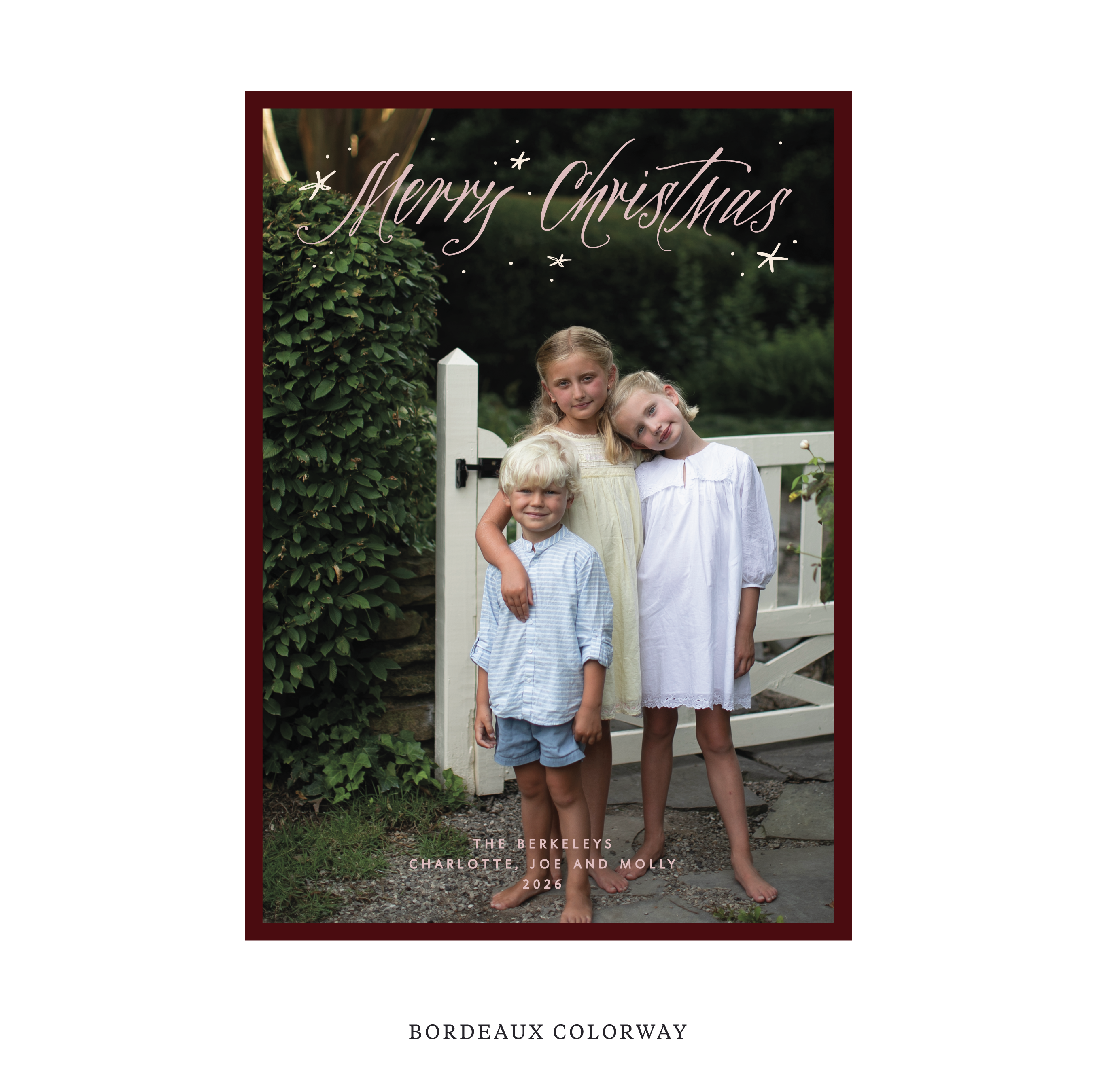 Celebrate the season with the Berkeley "Merry Christmas" Holiday Card by Stovall Collection. Featuring original hand-lettered artwork, this luxury personalized photo mount holiday card is available in 22 thoughtfully curated flat printing colorways.