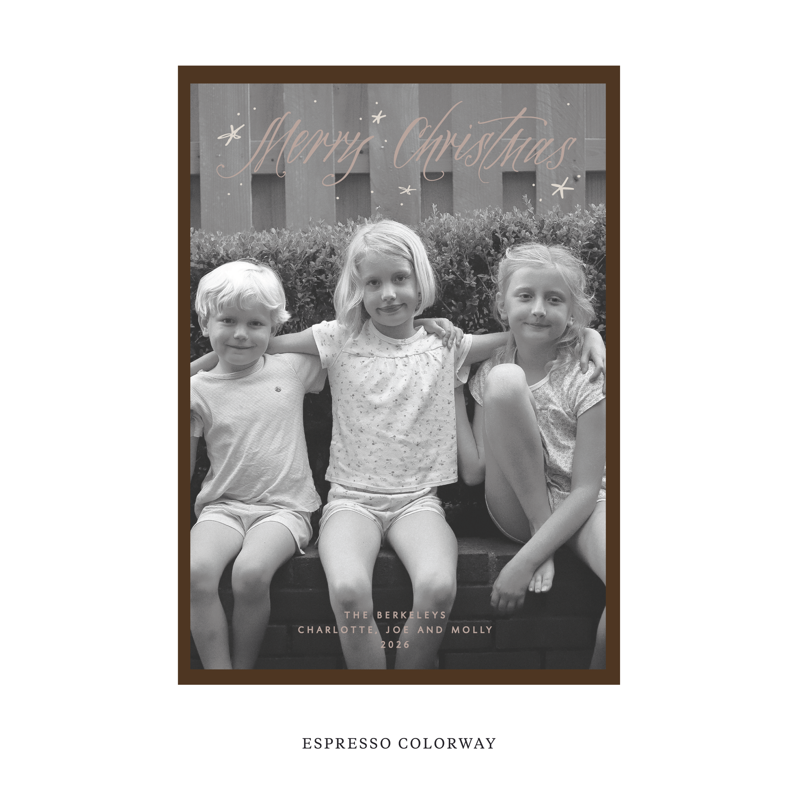 Celebrate the season with the Berkeley "Merry Christmas" Holiday Card by Stovall Collection. Featuring original hand-lettered artwork, this luxury personalized photo mount holiday card is available in 22 thoughtfully curated flat printing colorways.