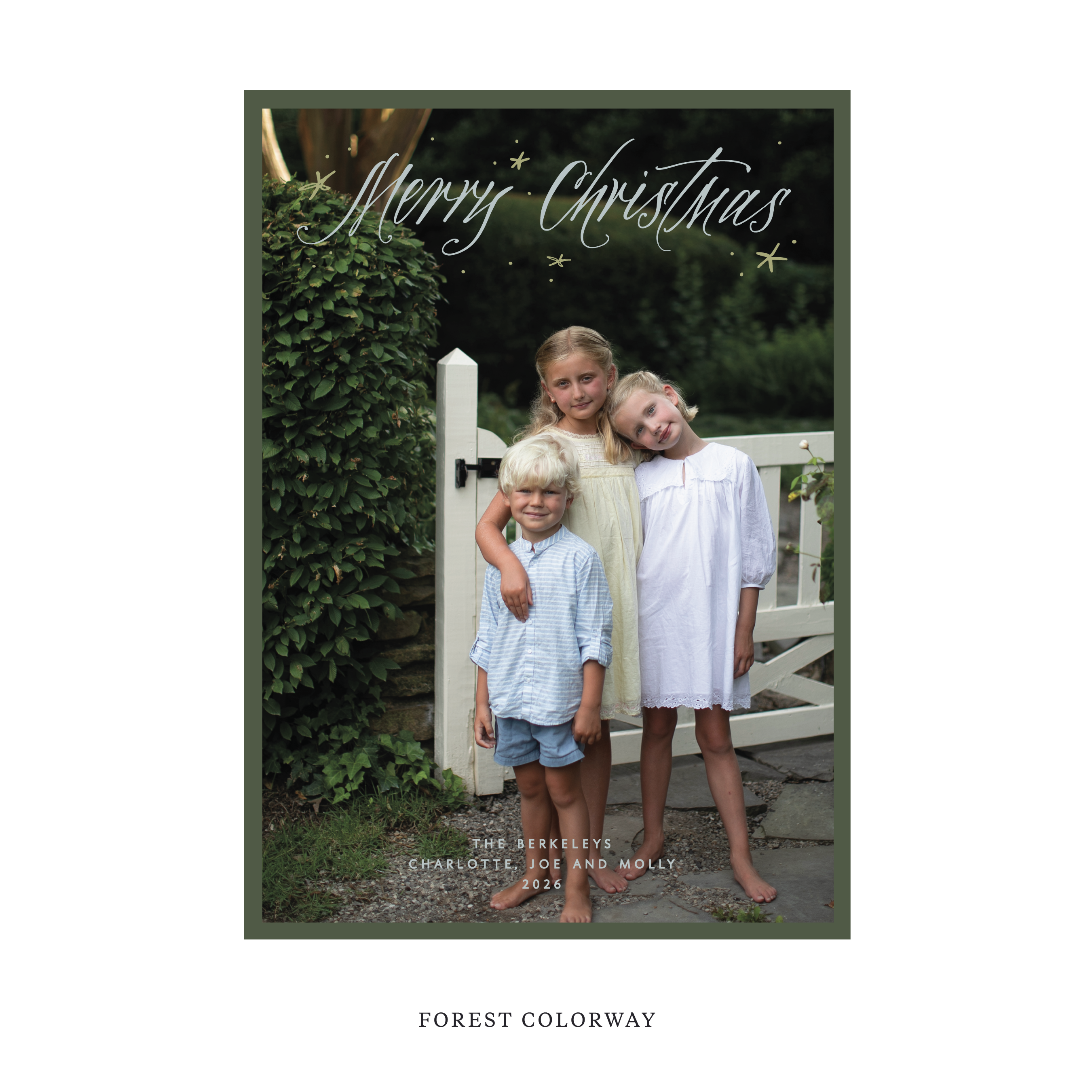 Celebrate the season with the Berkeley "Merry Christmas" Holiday Card by Stovall Collection. Featuring original hand-lettered artwork, this luxury personalized photo mount holiday card is available in 22 thoughtfully curated flat printing colorways.
