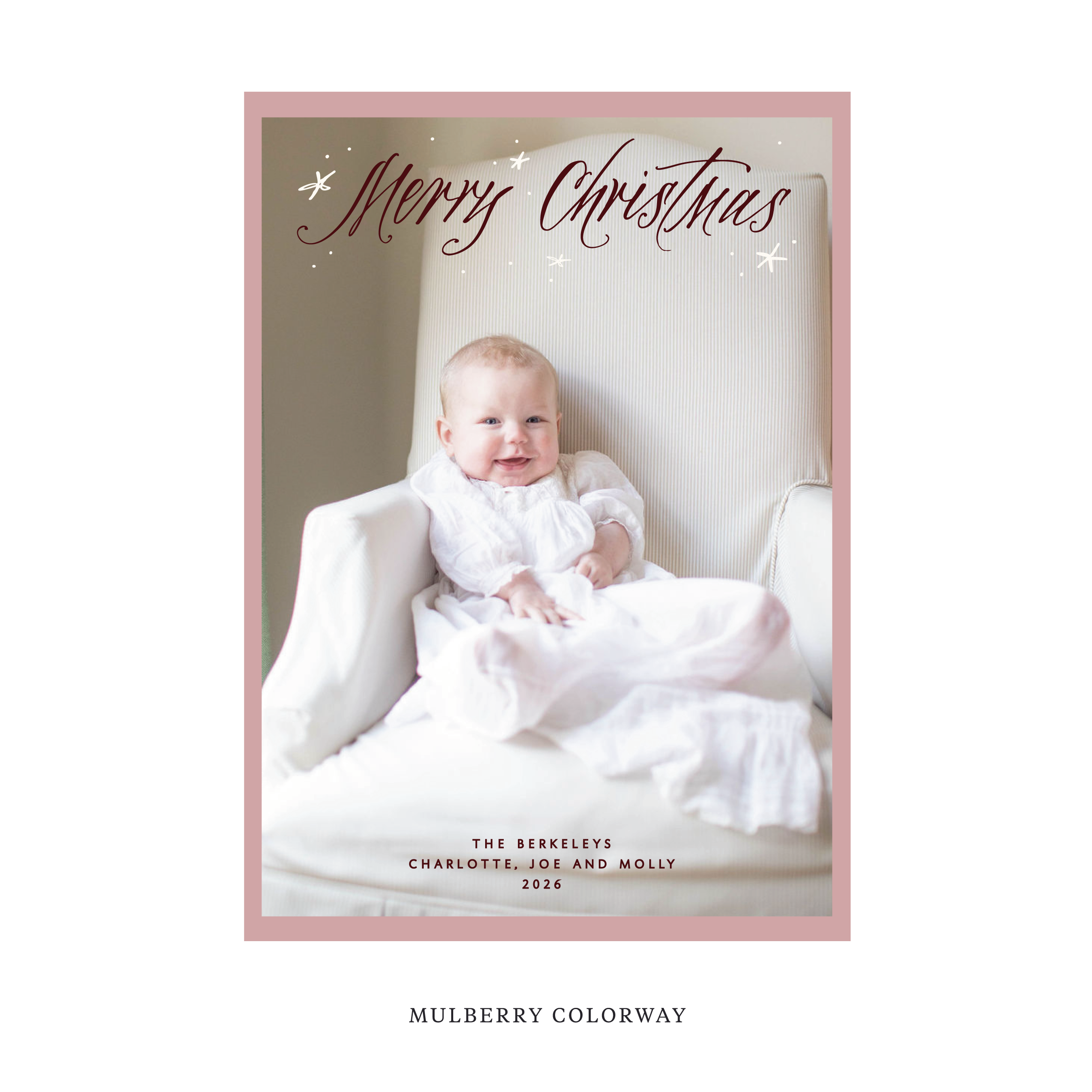 Celebrate the season with the Berkeley "Merry Christmas" Holiday Card by Stovall Collection. Featuring original hand-lettered artwork, this luxury personalized photo mount holiday card is available in 22 thoughtfully curated flat printing colorways.